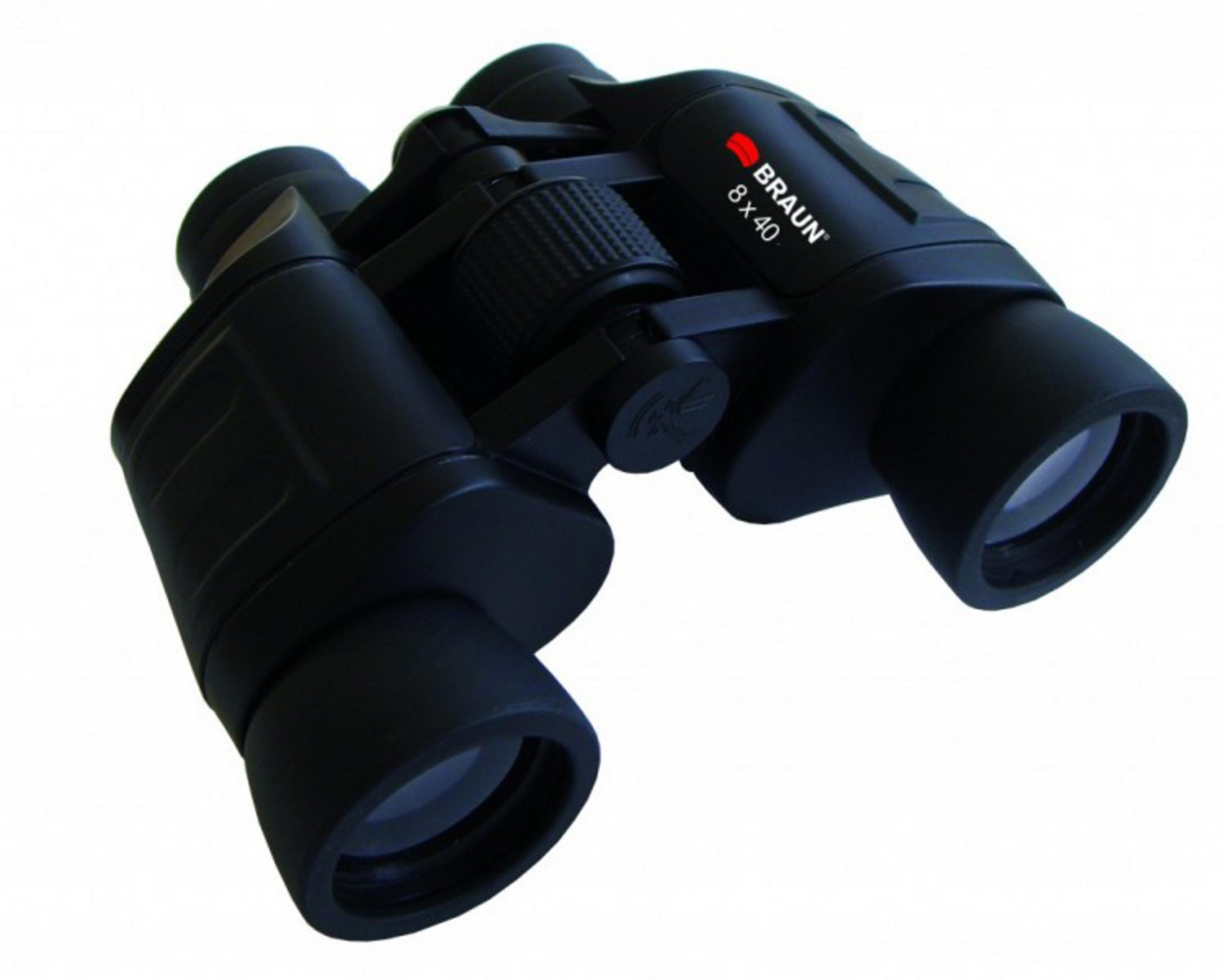 Schrägaufnahme eines schwarzen Fernglases, Braun 8x40-Etikett sichtbar.