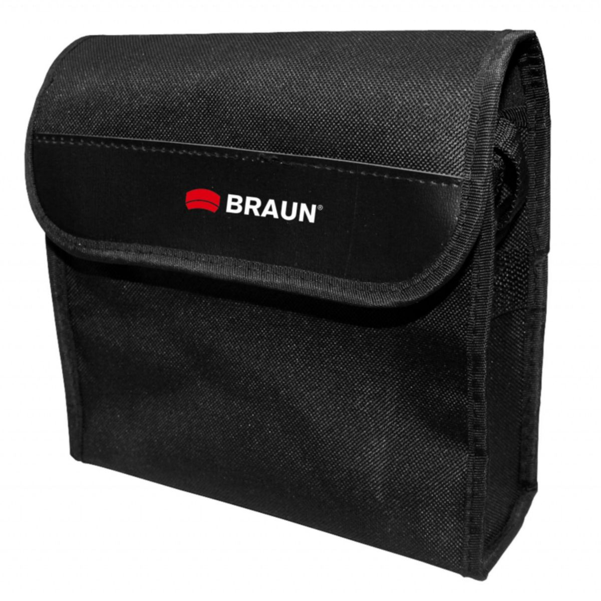 Eine schwarze Tragetasche von Braun mit rotem Braun-Logo auf weißem Hintergrund.