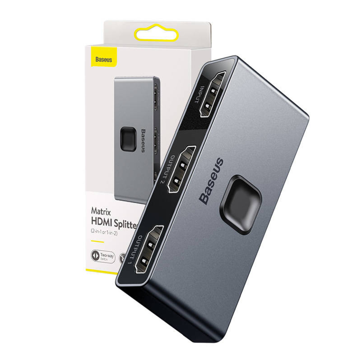 Rozdzielacz HDMI w pudełku. Porty: Wejście, Wyjście 1, Wyjście 2. Marka: Baseus. Produkt: Matrix.