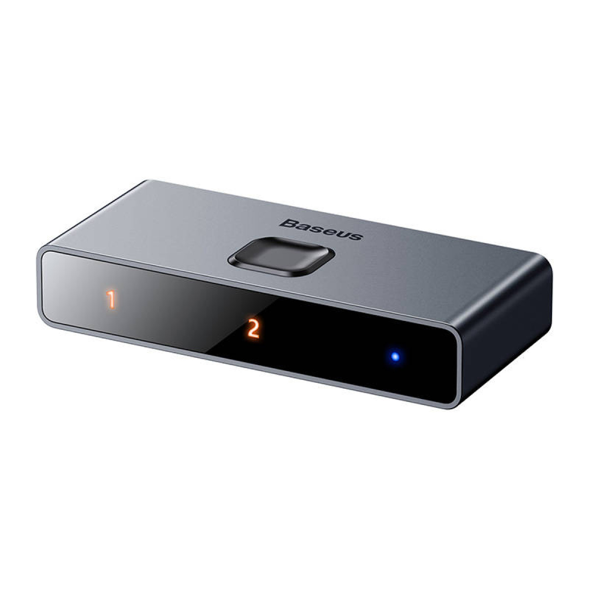 Rozdzielacz HDMI z wejściem i wyjściami 1 i 2. Logo Baseus, czarny przycisk, szary kolor.