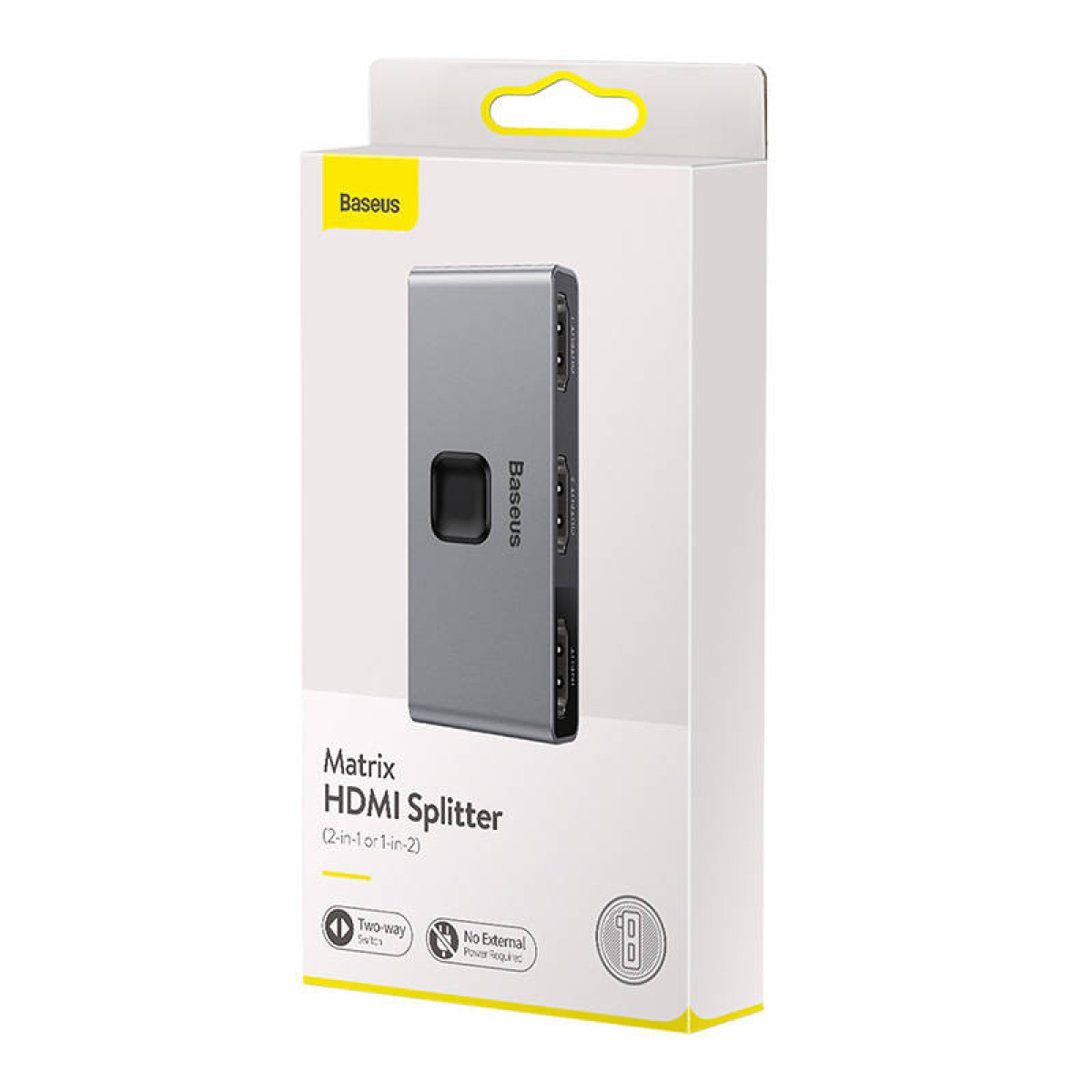 Rozdzielacz HDMI w pudełku, marka Baseus. Pokazuje porty: Wejście, Wyjście 1 i 2.