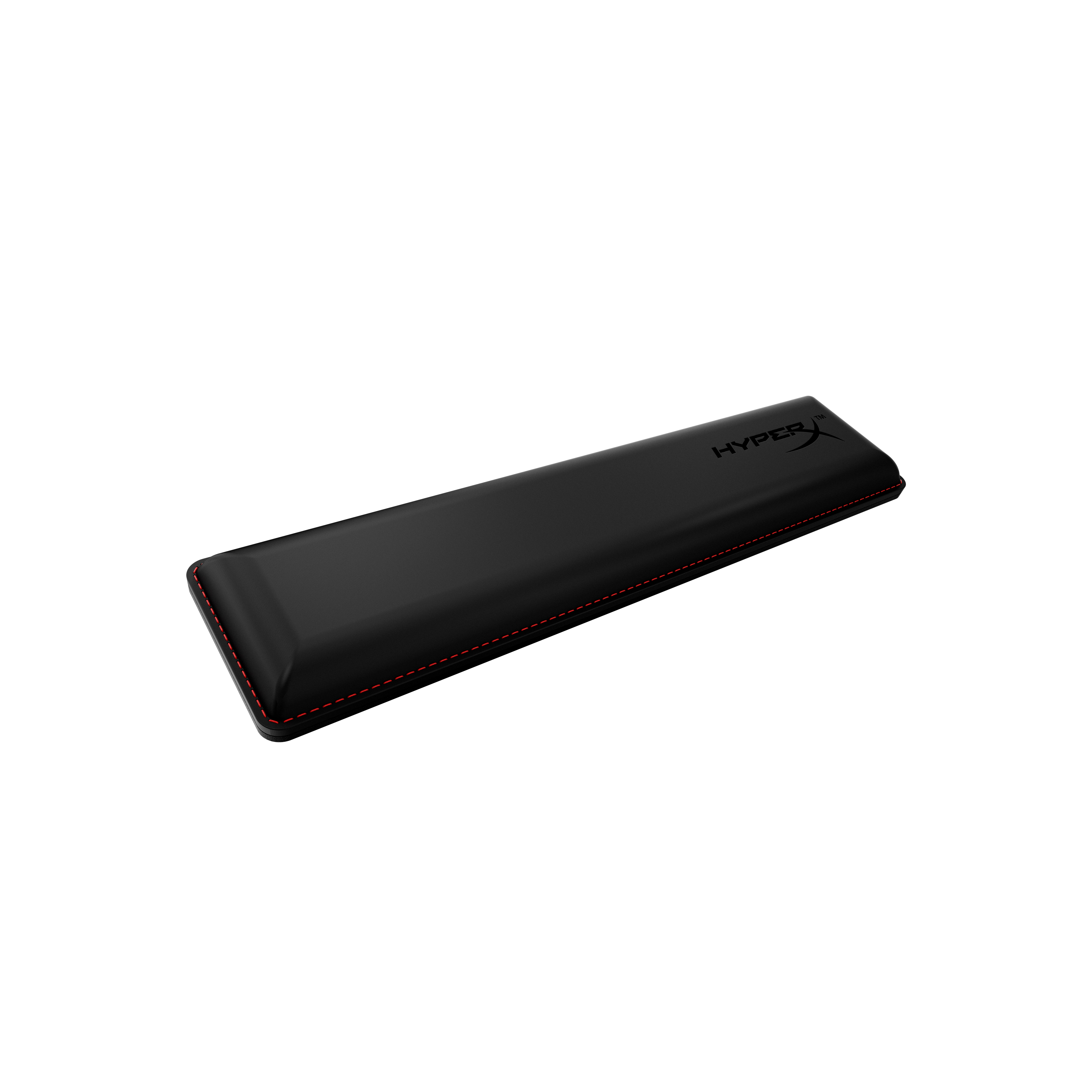 Schwarze rechteckige Handgelenkauflage mit roten Nähten, HyperX-Logo.
