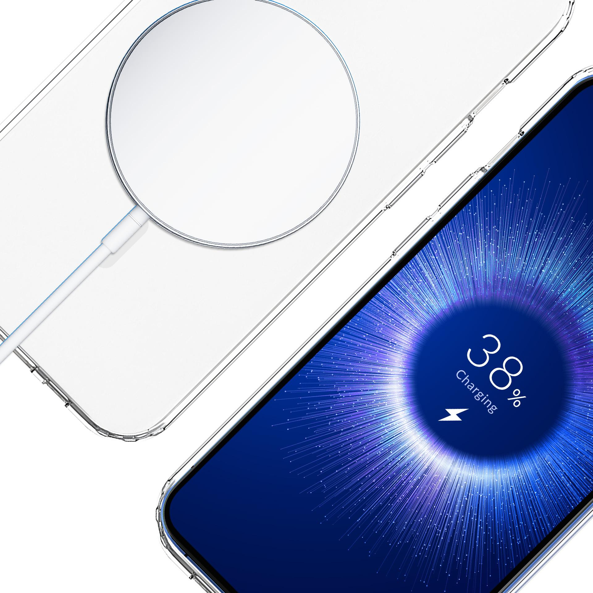 Telefon z przezroczystym etui. Ekran pokazuje symbol ładowania z 38% baterii.