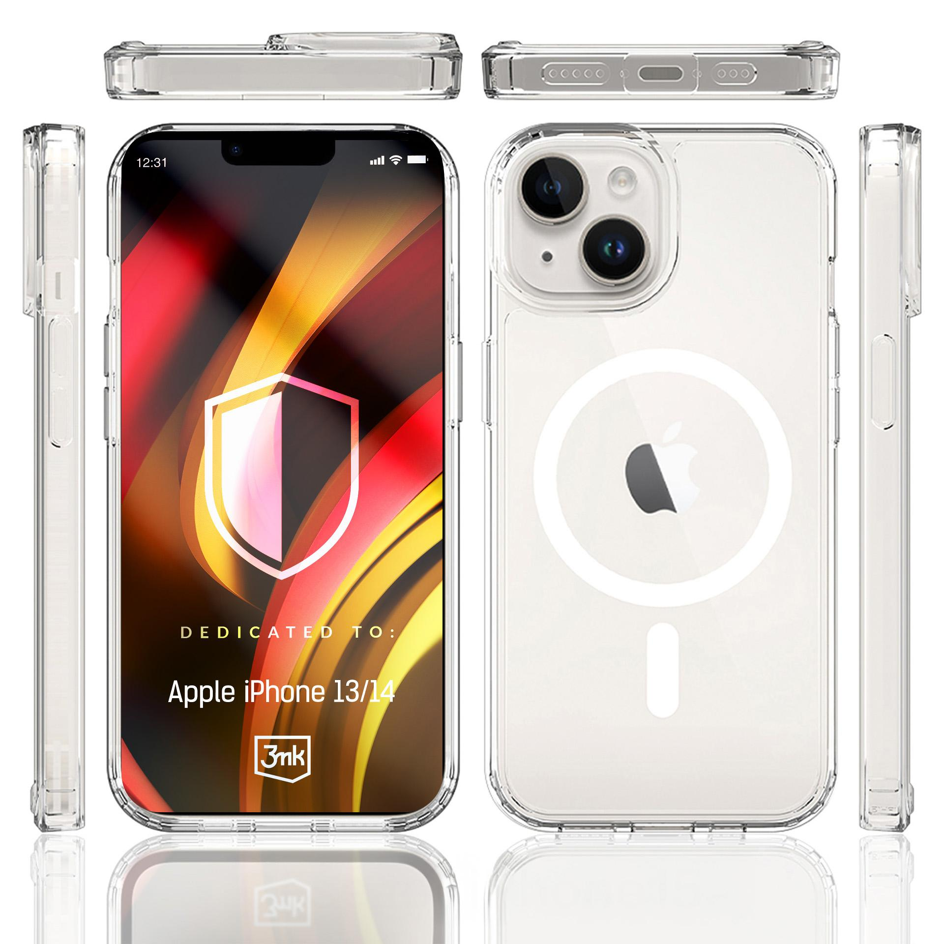 iPhone z przezroczystym etui, pokazujący przód, tył i boki. Dedykowany do iPhone 13/14.