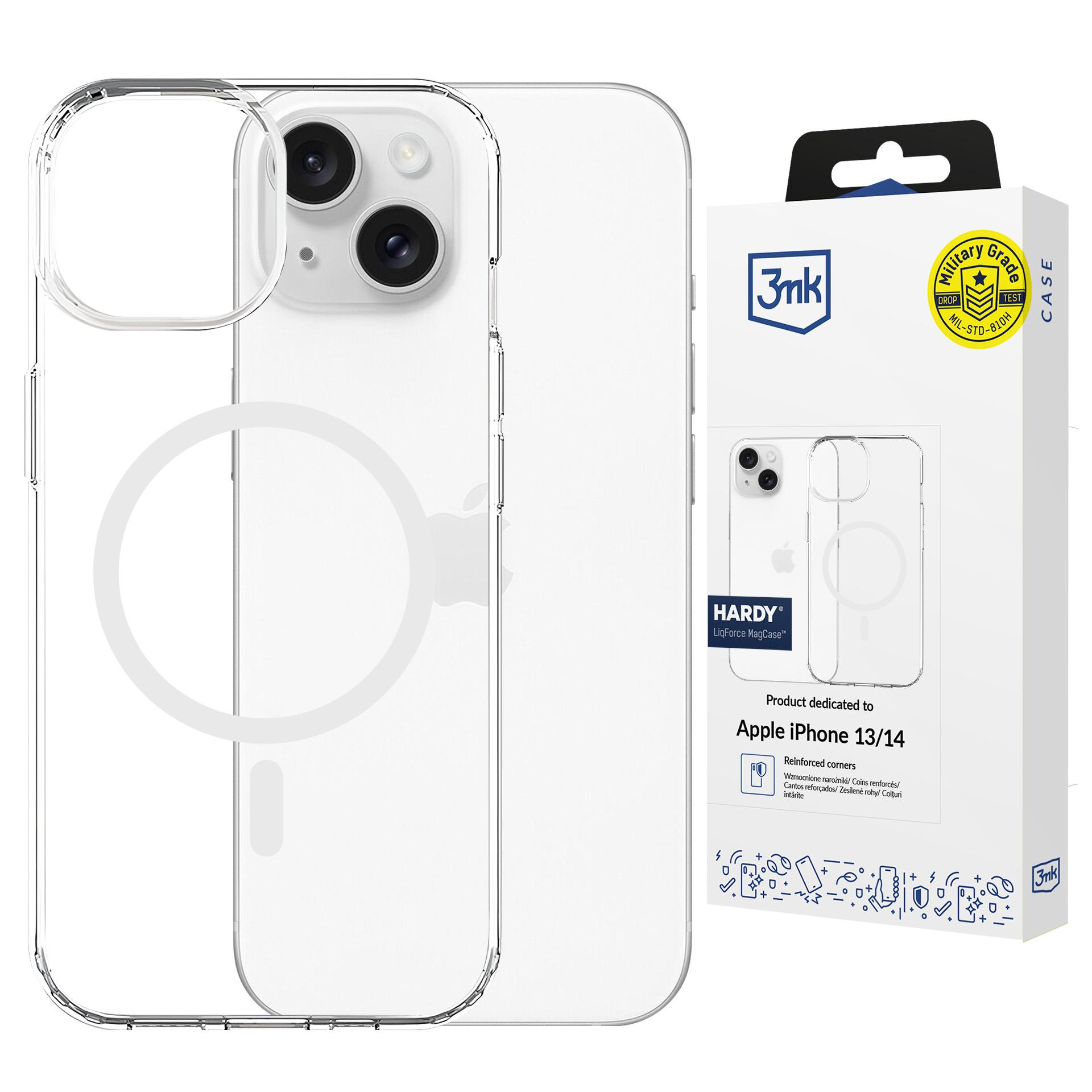 Etui na telefon z iPhonem. Obok białe pudełko. Etui dedykowane do iPhone 13/14.