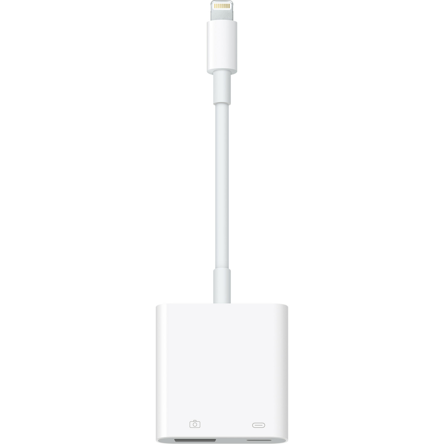 Cable adaptador blanco de Apple. Tiene un conector Lightning y un puerto USB. El cable es blanco.
