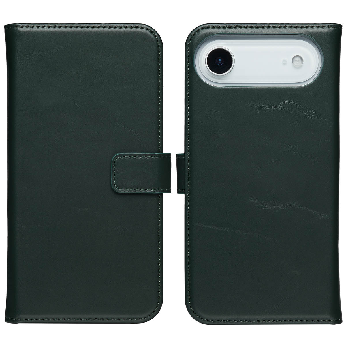 Un étui de téléphone en cuir vert, ouvert. L'appareil photo du téléphone est visible à droite.