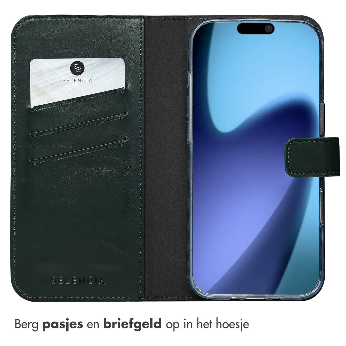 Un étui de téléphone vert, ouvert, avec une carte et un téléphone à l'intérieur. L'écran du téléphone est visible.