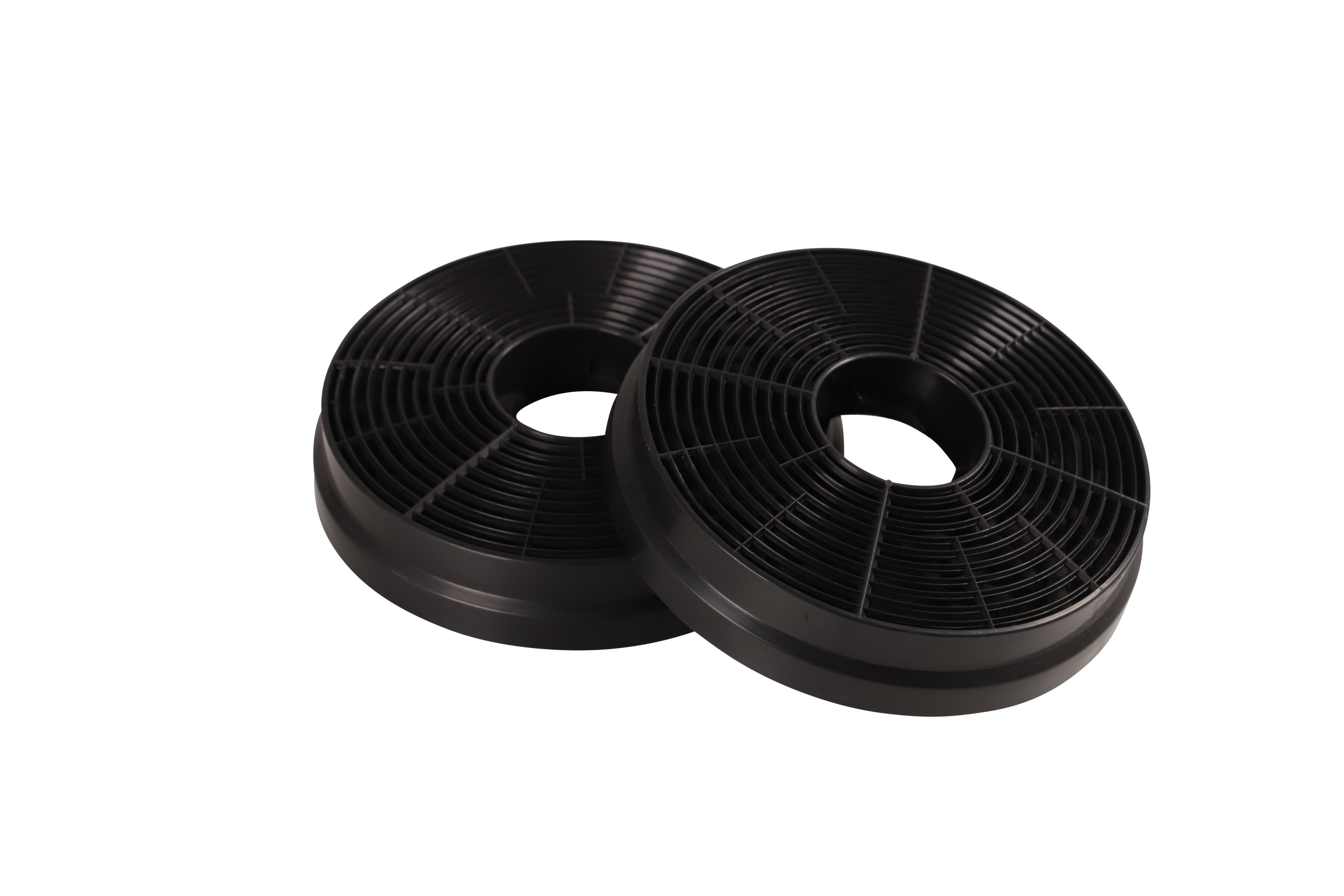 Two black circular air filters. They have a grid-like pattern and are on a white background.