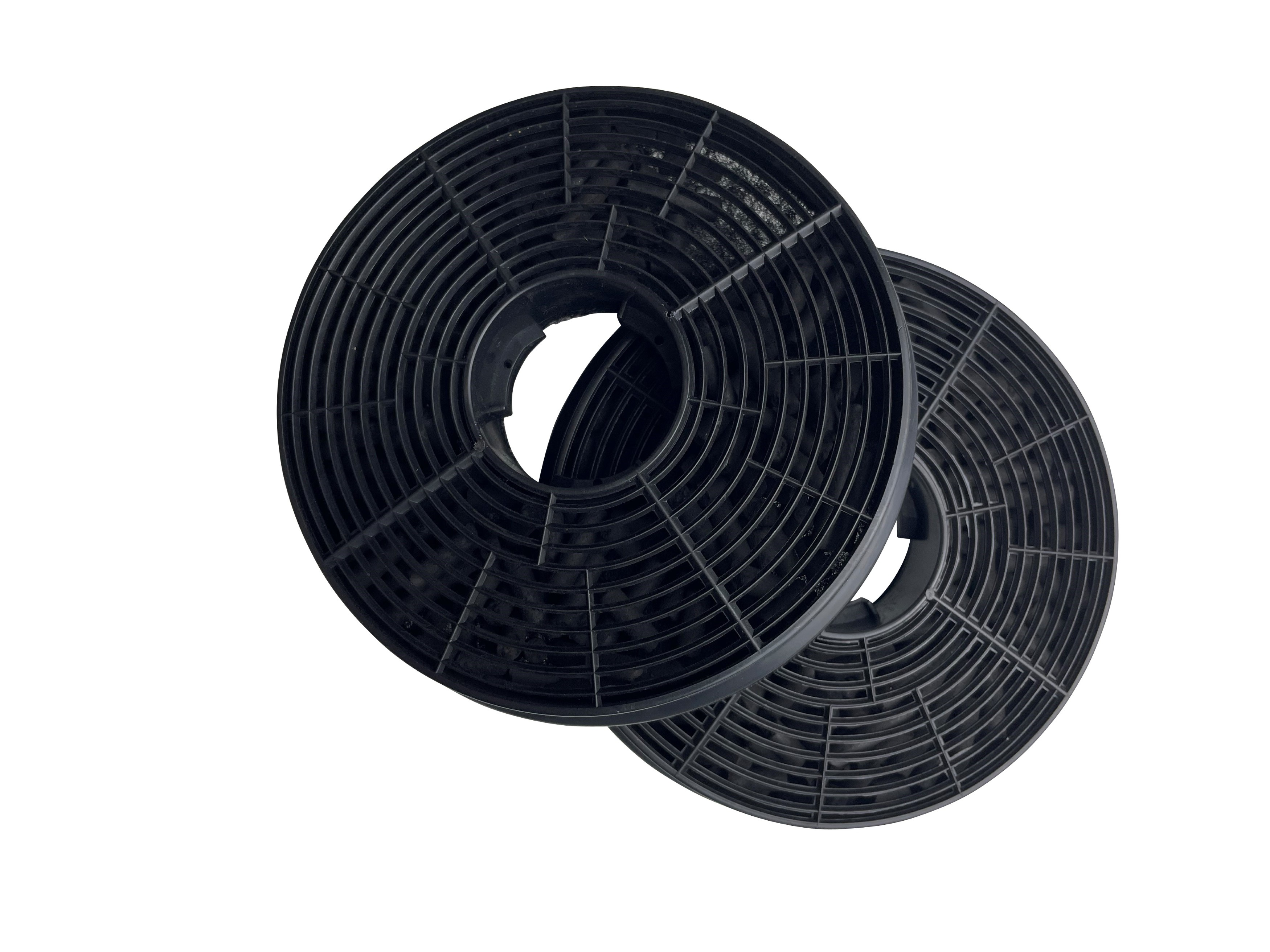 Two black circular air filters. They have a grid-like pattern and are on a white background.