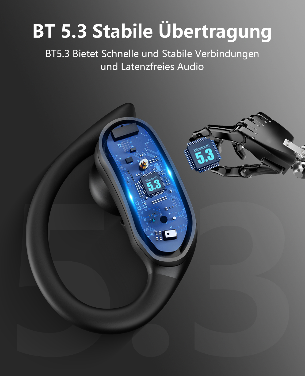 Ohrhörer mit Leiterplattendesign. Eine Hand hält einen Bluetooth 5.3 Chip. Text sagt stabile Übertragung.