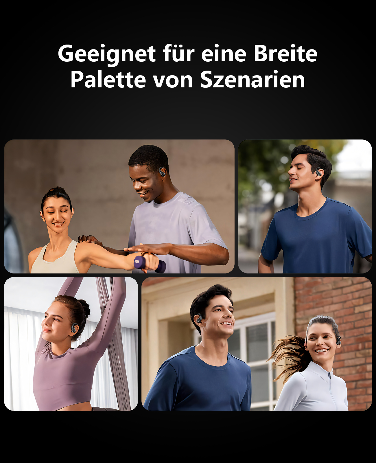 Mehrere Personen, die Ohrhörer in verschiedenen Szenarien verwenden. Menschen trainieren, entspannen und sozialisieren.