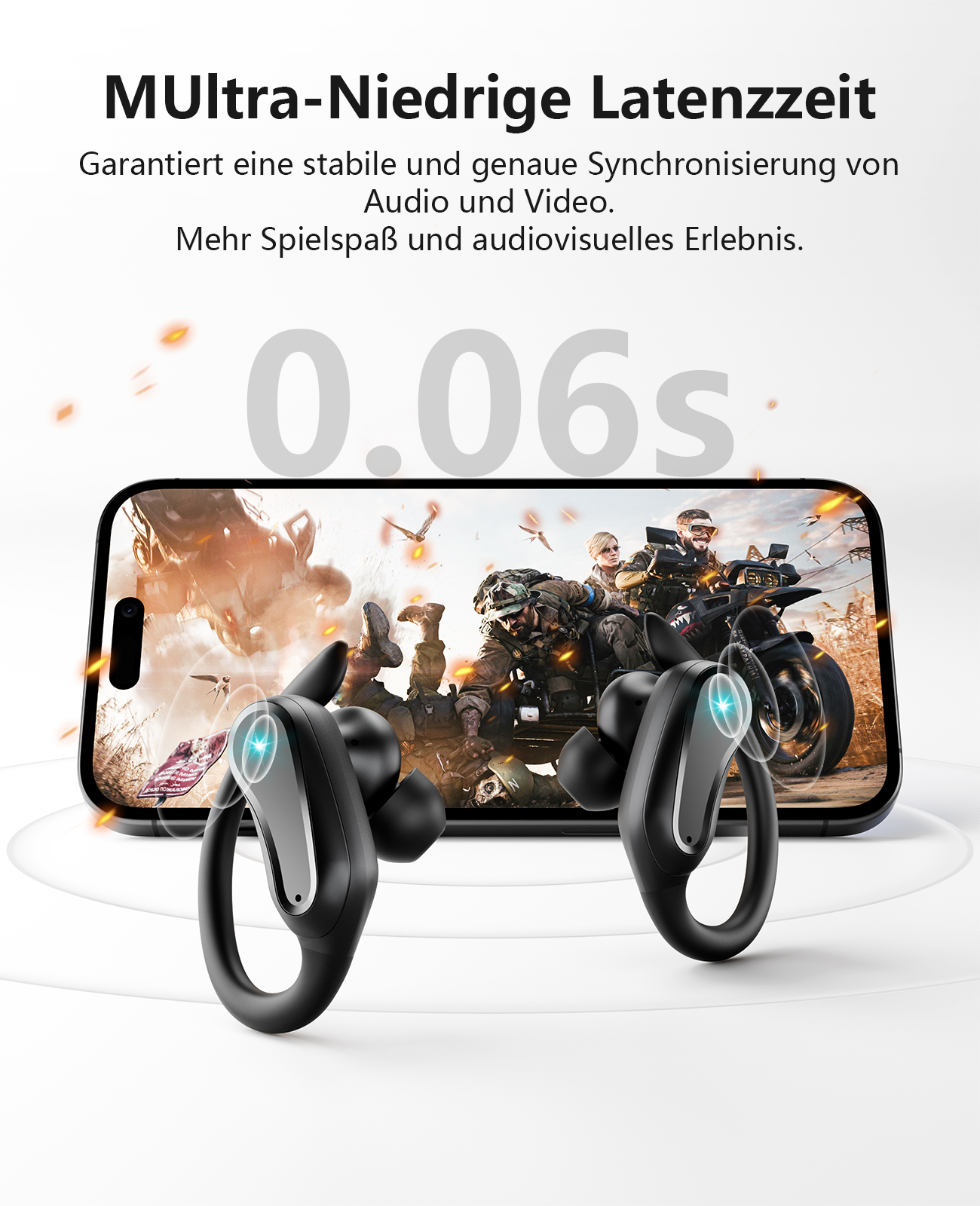 Ohrhörer in der Nähe eines Telefons, das ein Spiel anzeigt. Text sagt ultra-geringe Latenz und eine Zeit von 0,06s.