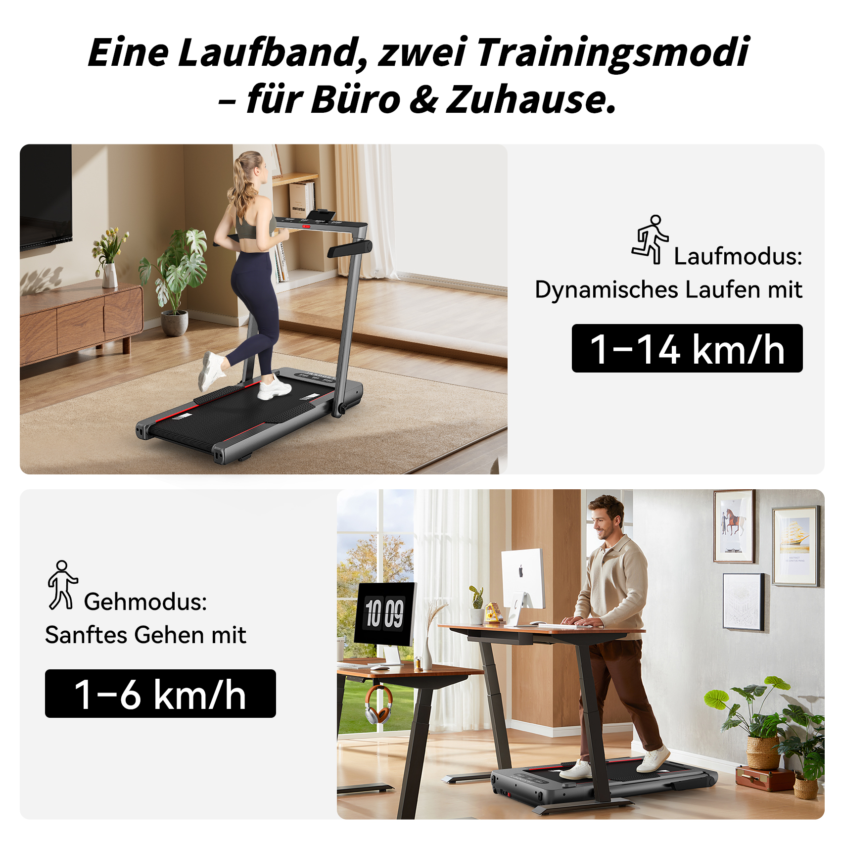 Zwei Bilder: Frau beim Laufen und Mann, der ein Laufband am Schreibtisch benutzt, mit Text über Geschwindigkeit.