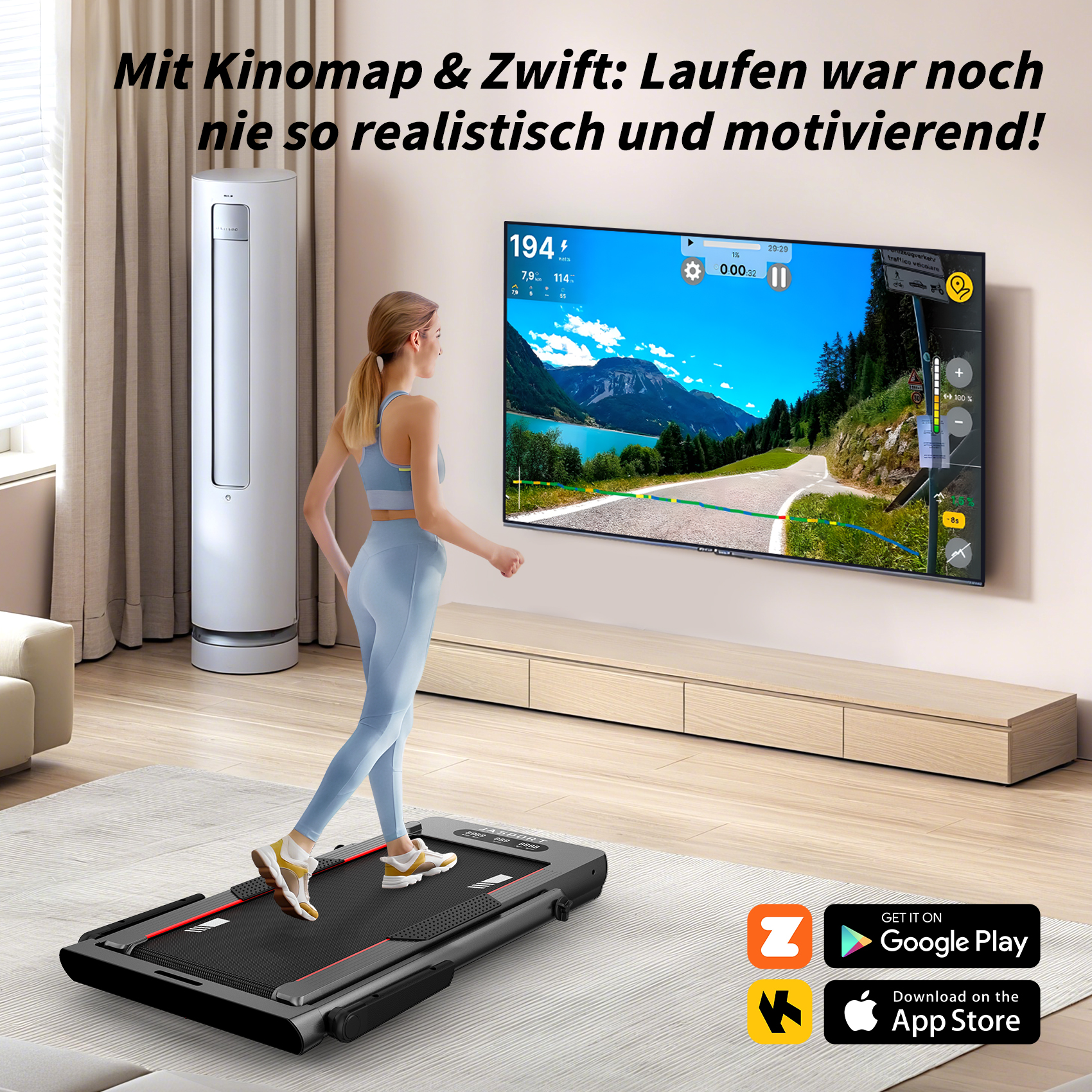 Frau läuft auf einem Laufband, schaut fern, das eine Straße anzeigt. Im Hintergrund ein Raum mit Klimaanlage.