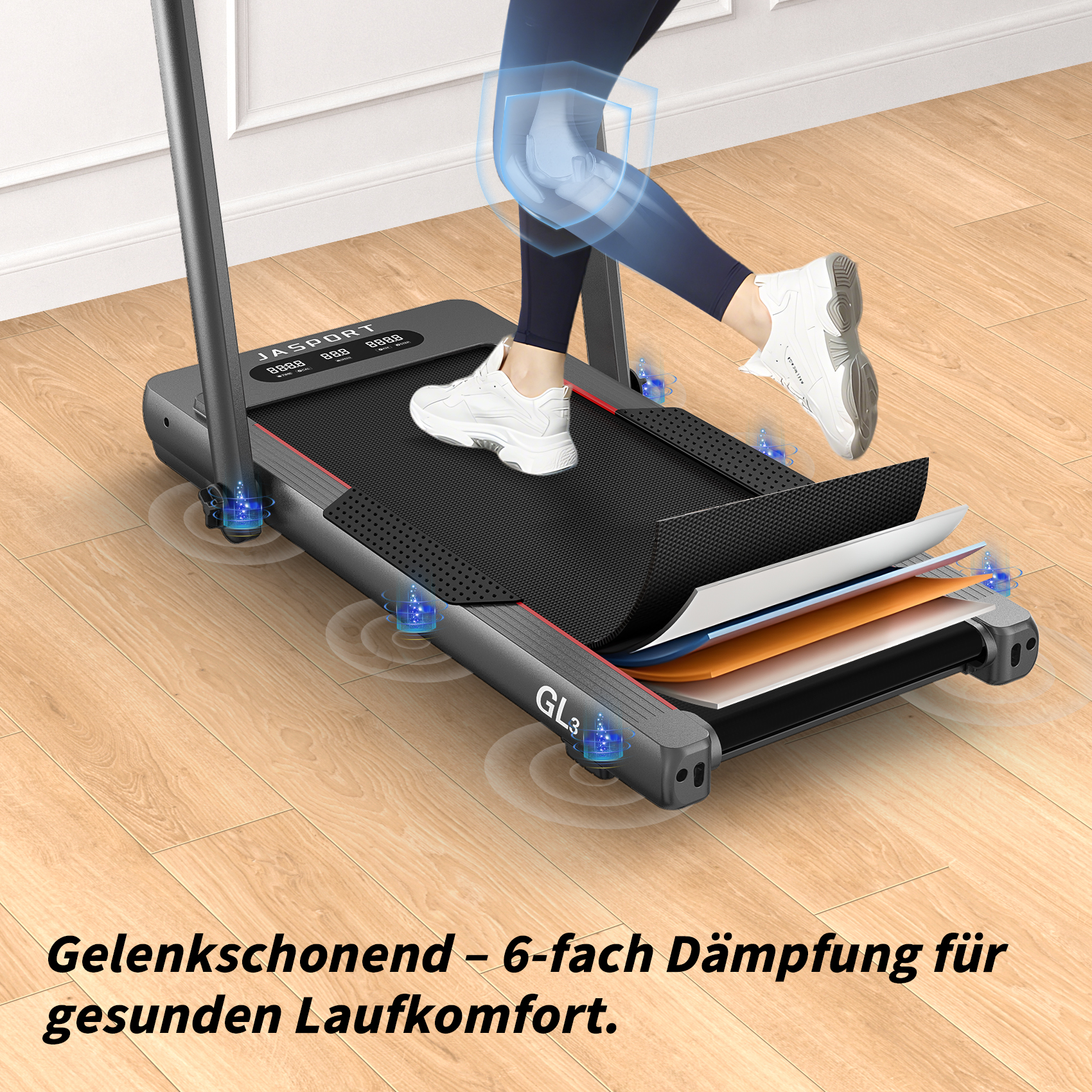 Ein Laufband mit einer Person, die darauf läuft. Das Laufband ist grau und schwarz. Der Text lautet 'Gelenkschonend'