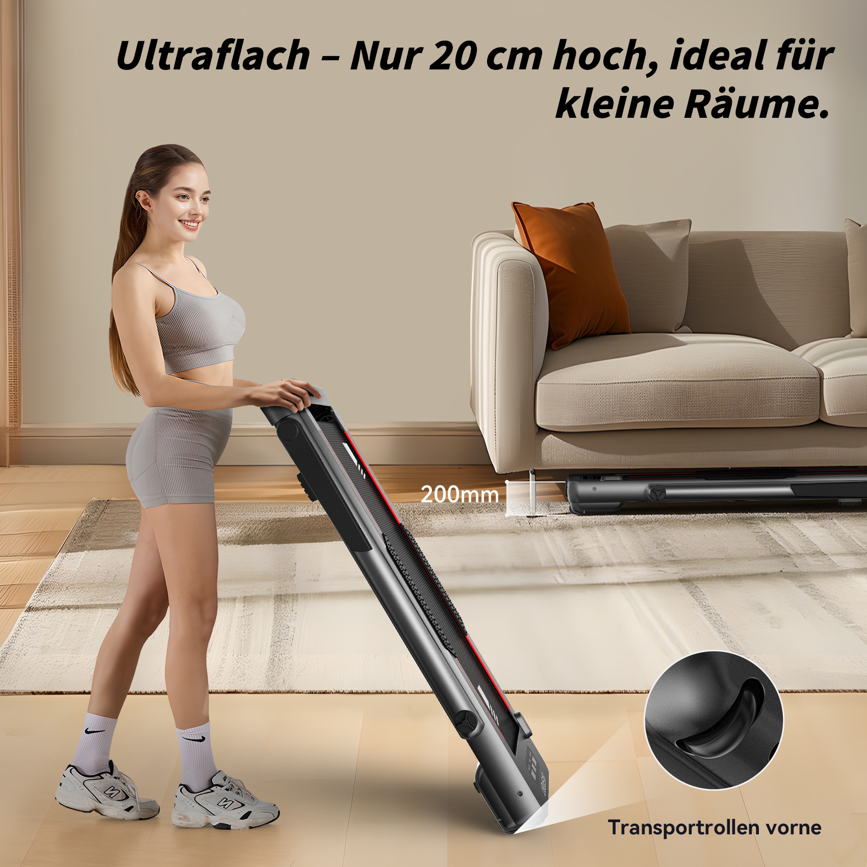 Eine Frau, die ein Laufband hält. Das Laufband ist zusammengeklappt. Der Text lautet 'Ultraflach - nur 20 cm hoch'