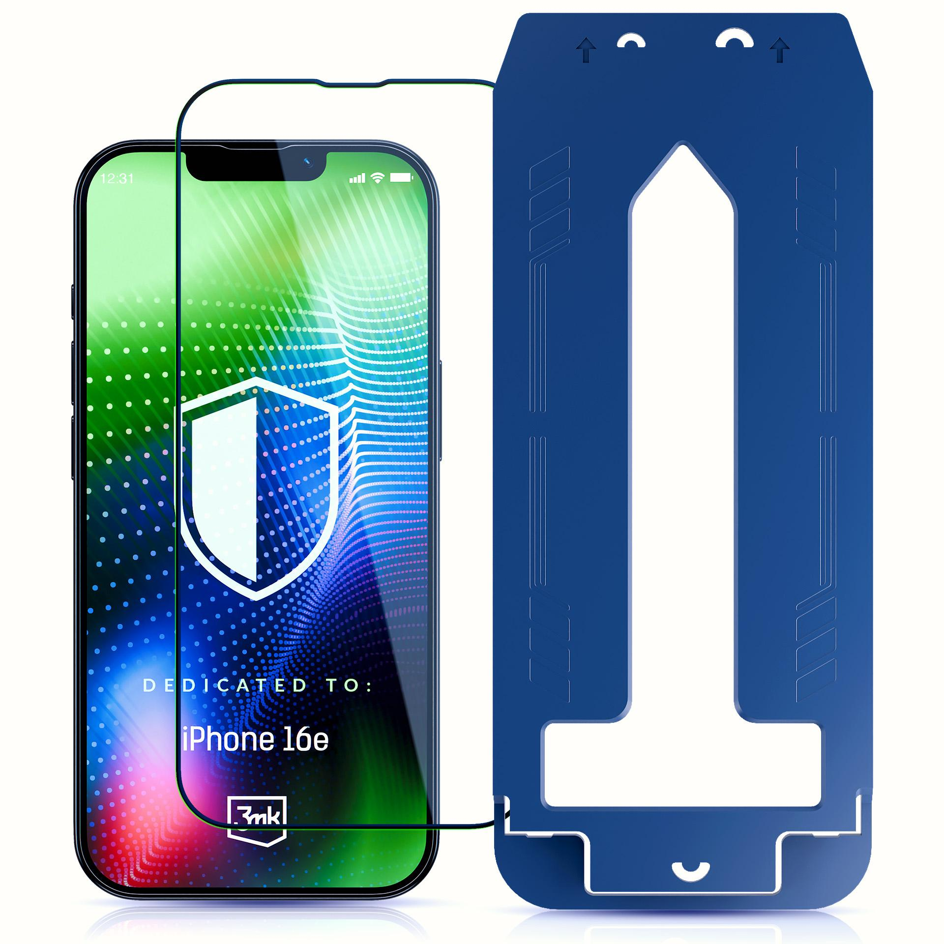 Un telefono con una protezione per lo schermo. La protezione ha una cornice blu. Uno strumento blu è accanto al telefono.