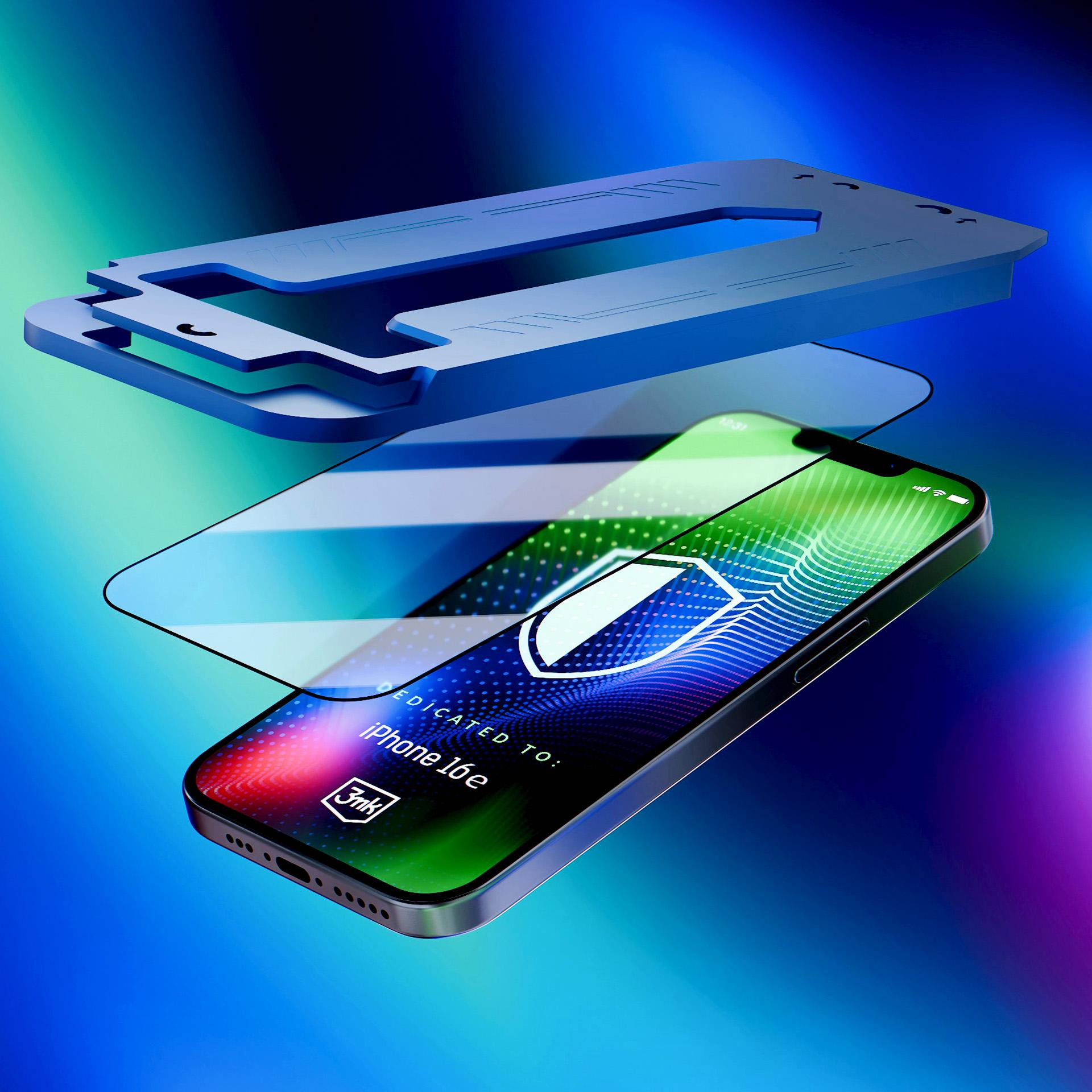 Telefono, protezione schermo e uno strumento blu. Il telefono mostra un'interfaccia. Lo sfondo è blu.