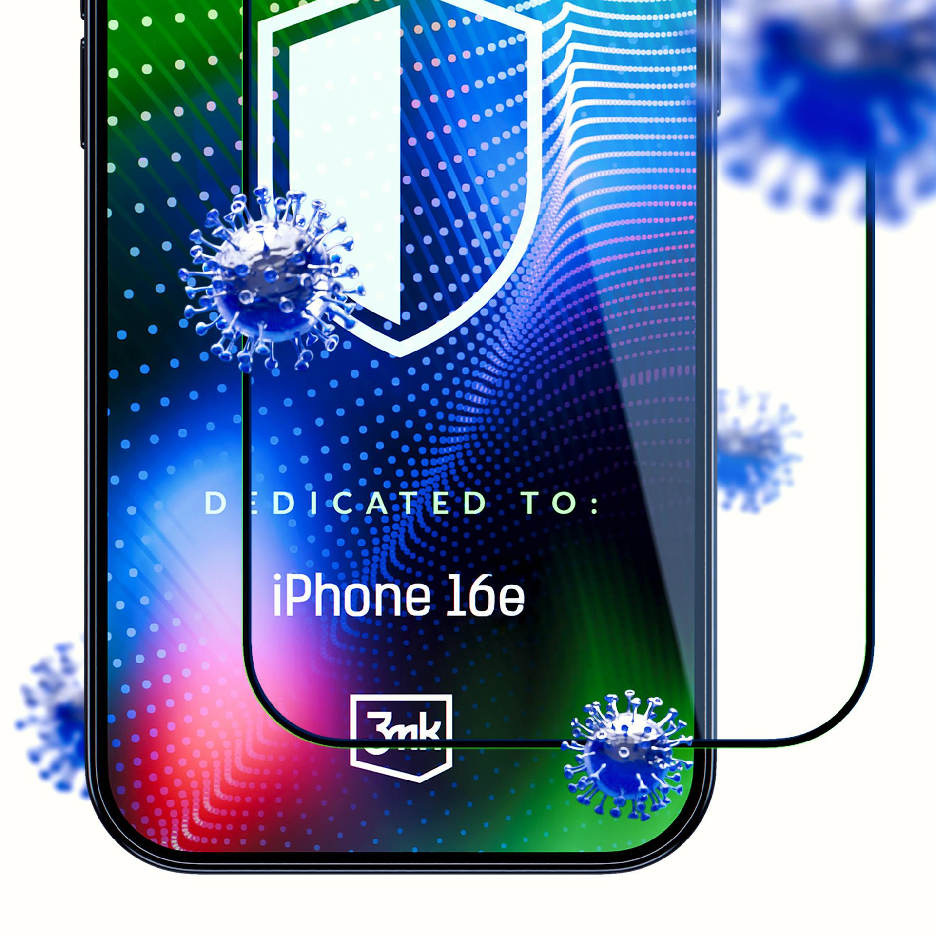 Telefono con protezione schermo. Illustrazioni di virus blu. Testo: DEDICATED TO: iPhone 16e. Logo 3mk.