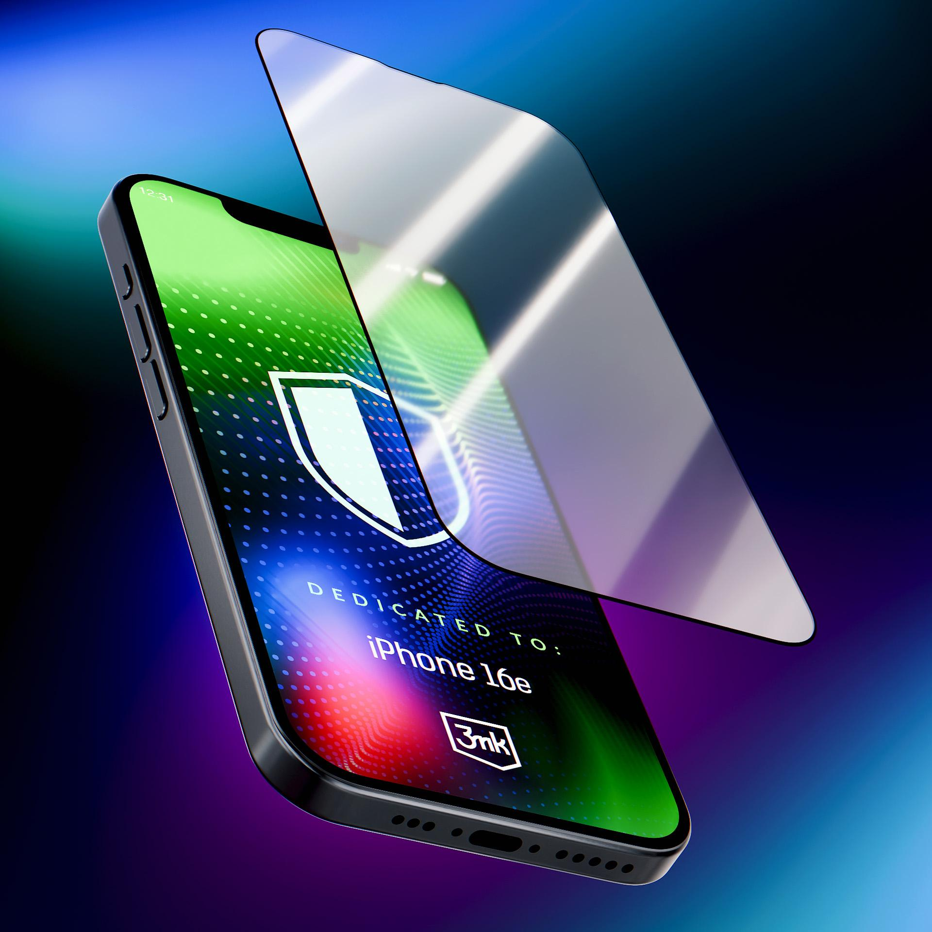 iPhone con protezione schermo. Lo schermo mostra uno scudo. Testo: DEDICATED TO: iPhone 16e. Logo 3mk. Sfondo scuro.