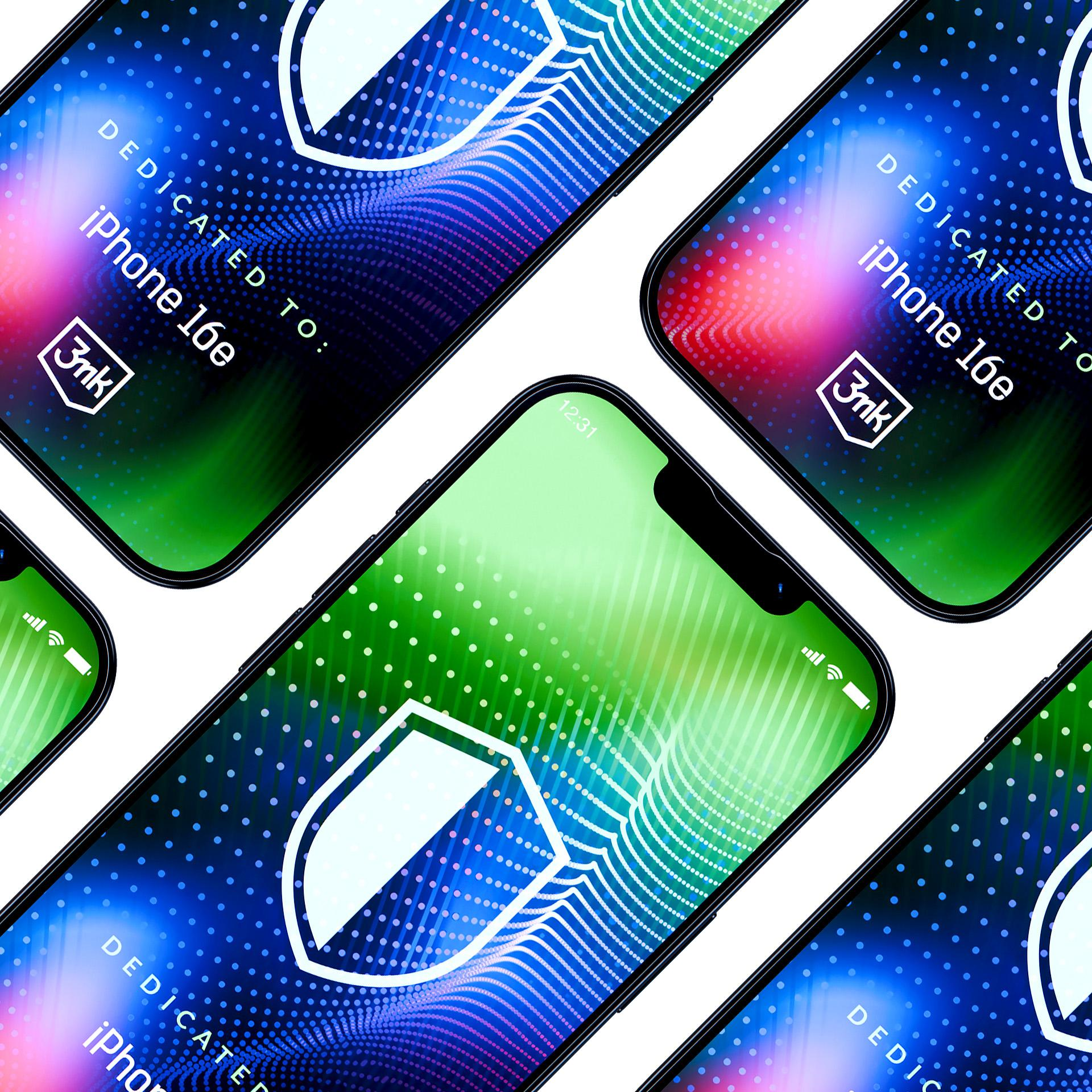 Più iPhone. Lo schermo mostra uno scudo e il testo: DEDICATED TO: iPhone 16e. Logo 3mk. Sfondo sfumato verde e blu.