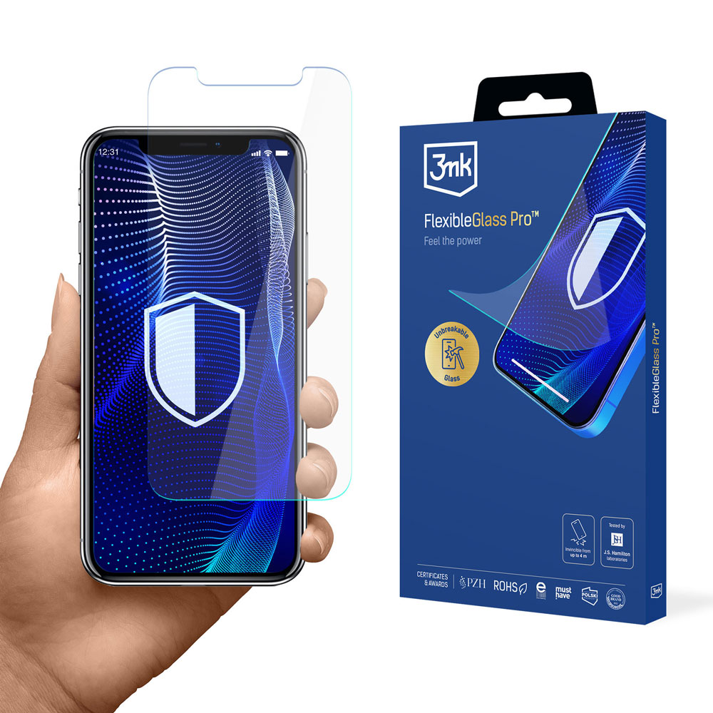 Ręka trzyma iPhone'a i ochraniacz ekranu. Na pudełku napis: FlexibleGlass Pro. Nietłukące Szkło.