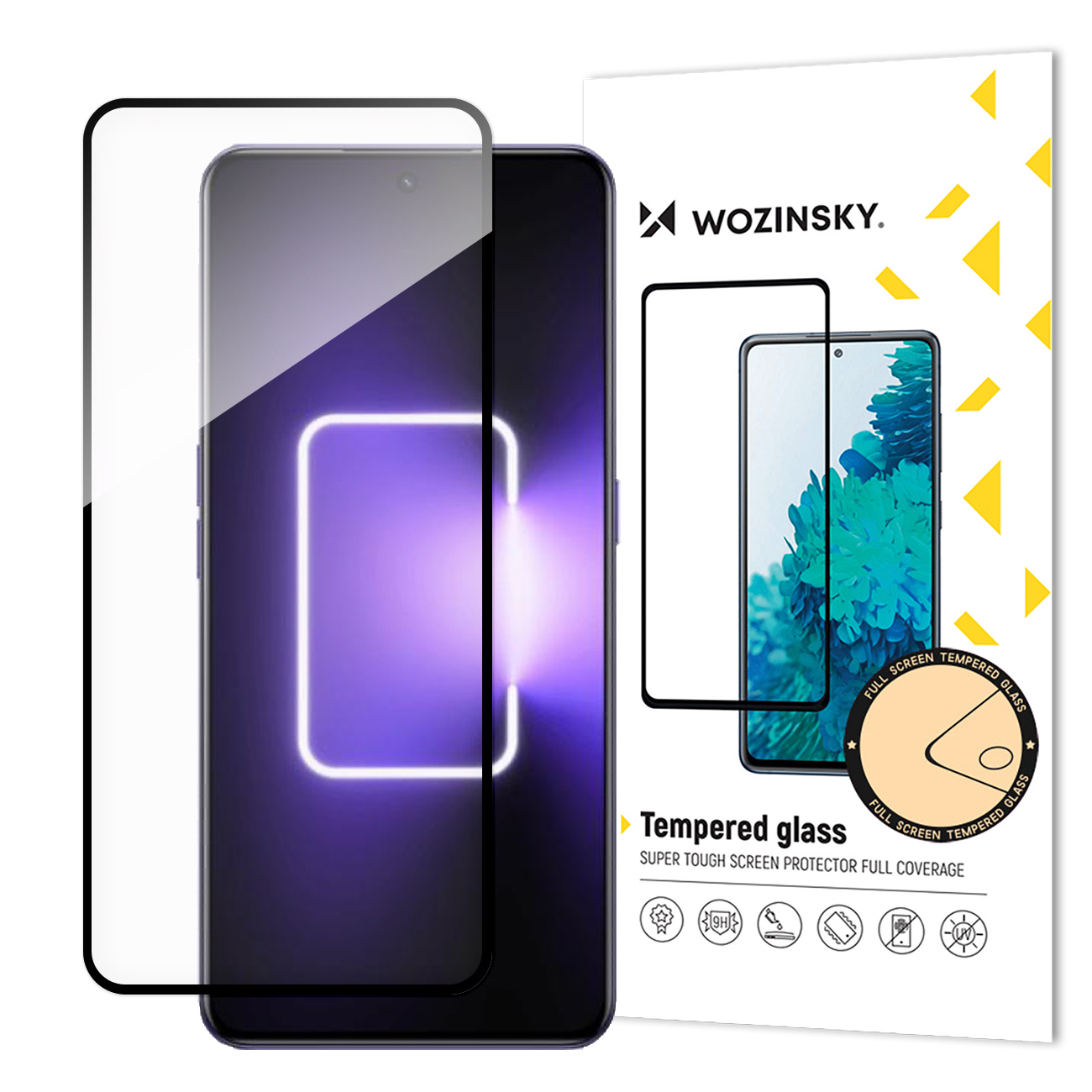 Smartfon z ochraniaczem ekranu i etui ochronnym, pokazujący opakowanie marki 'WOZINSKY'.