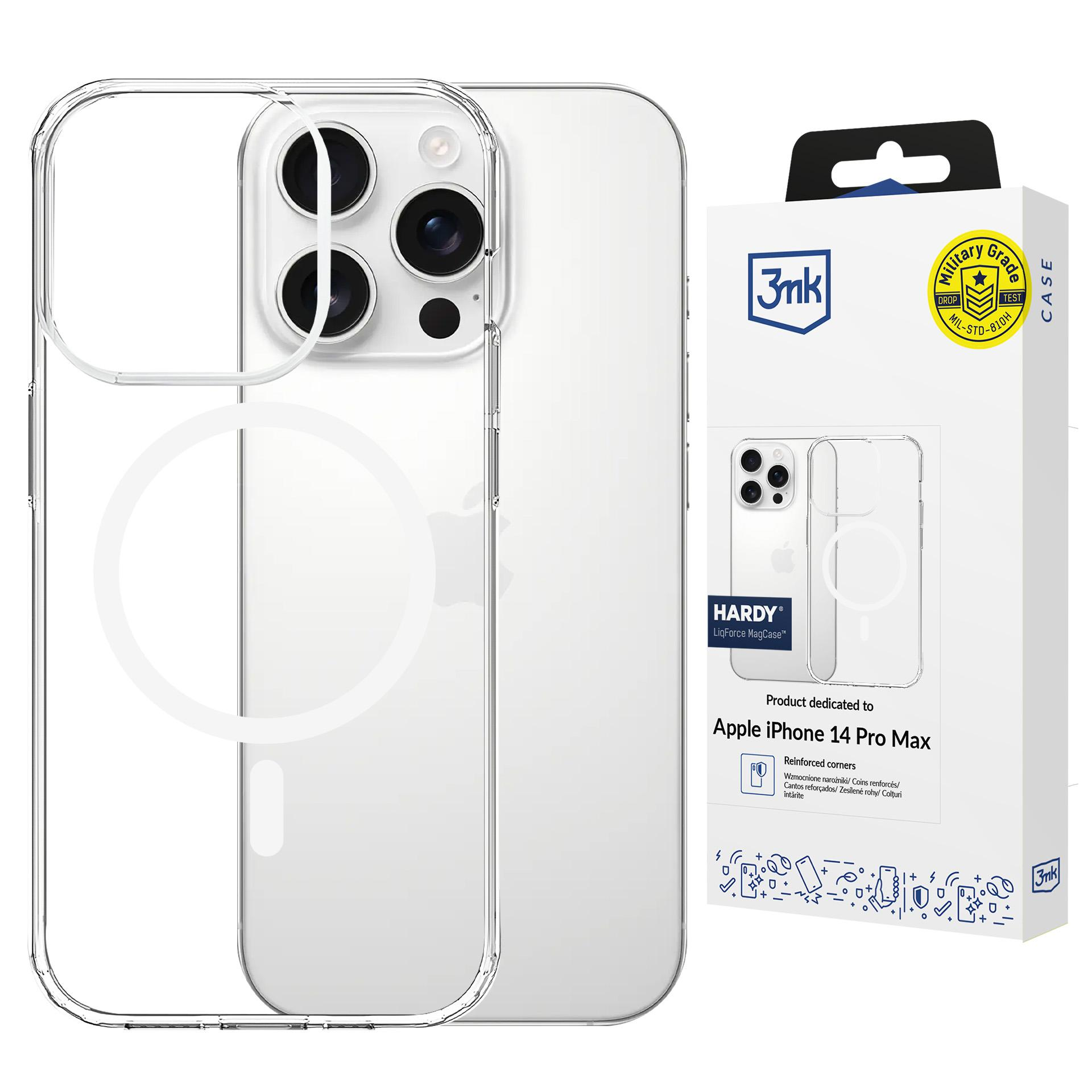 Przezroczyste etui na telefon i iPhone na białym tle. Pudełko po prawej.