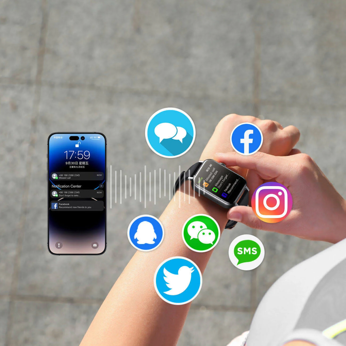 Handgelenk mit Smartwatch und Social-Media-Symbolen um die Uhr herum.