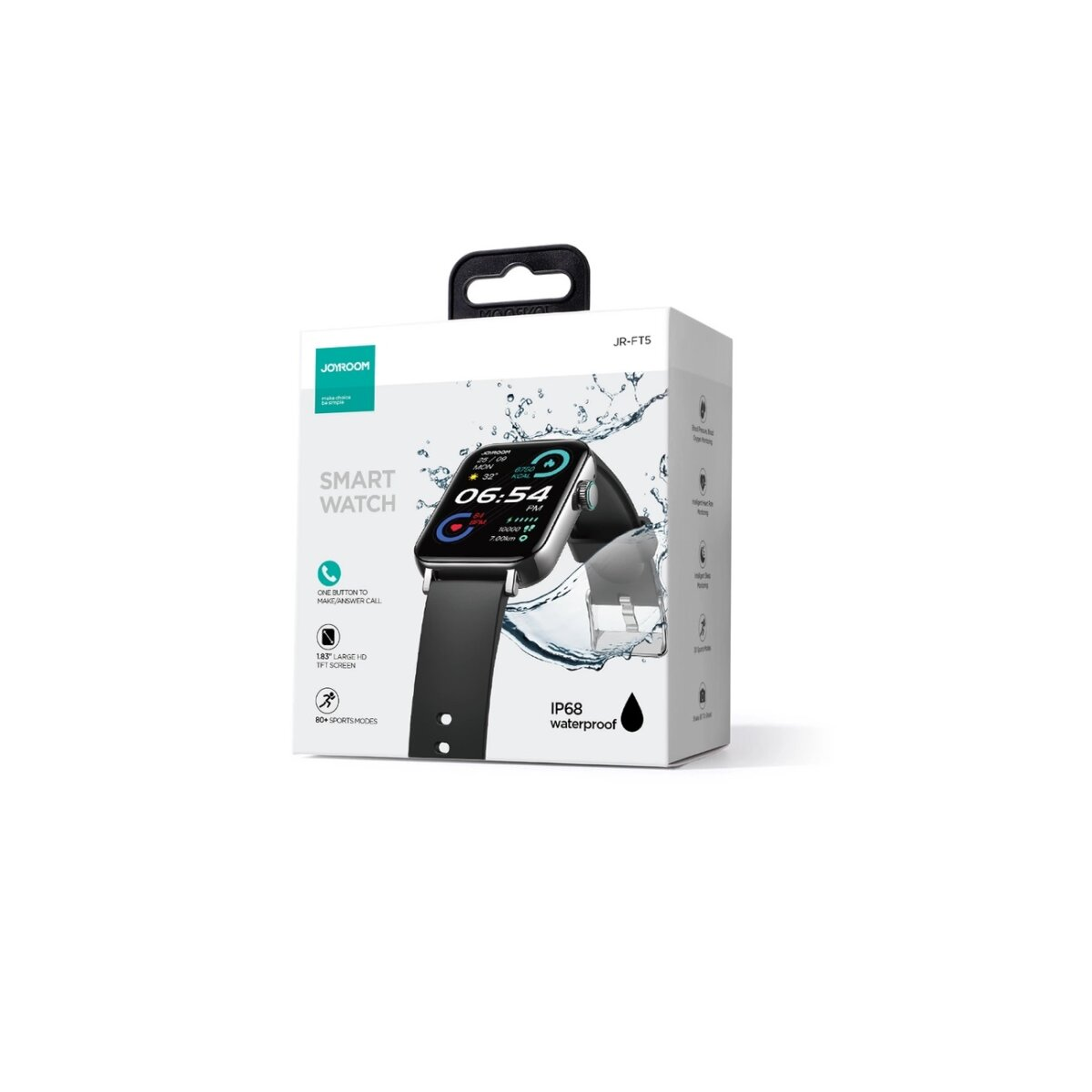 Smartwatch-Box auf weißem Hintergrund. Die Box zeigt die Uhr und einige Funktionen.