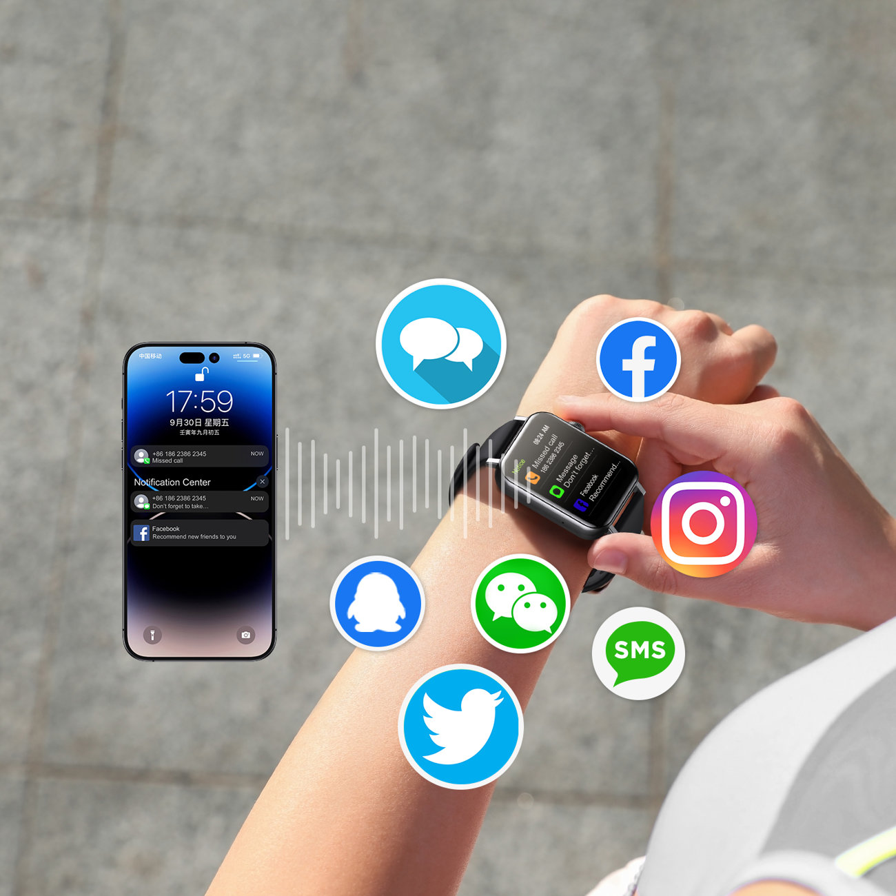 Handgelenk mit Smartwatch und Social-Media-Symbolen um die Uhr herum.