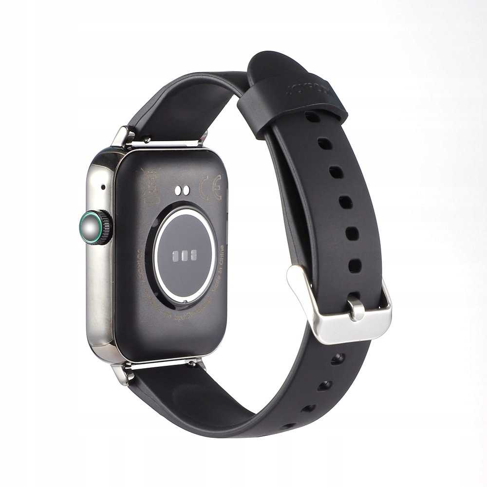Rückseite der Smartwatch. Das Armband ist schwarz und die Uhr silberfarben.