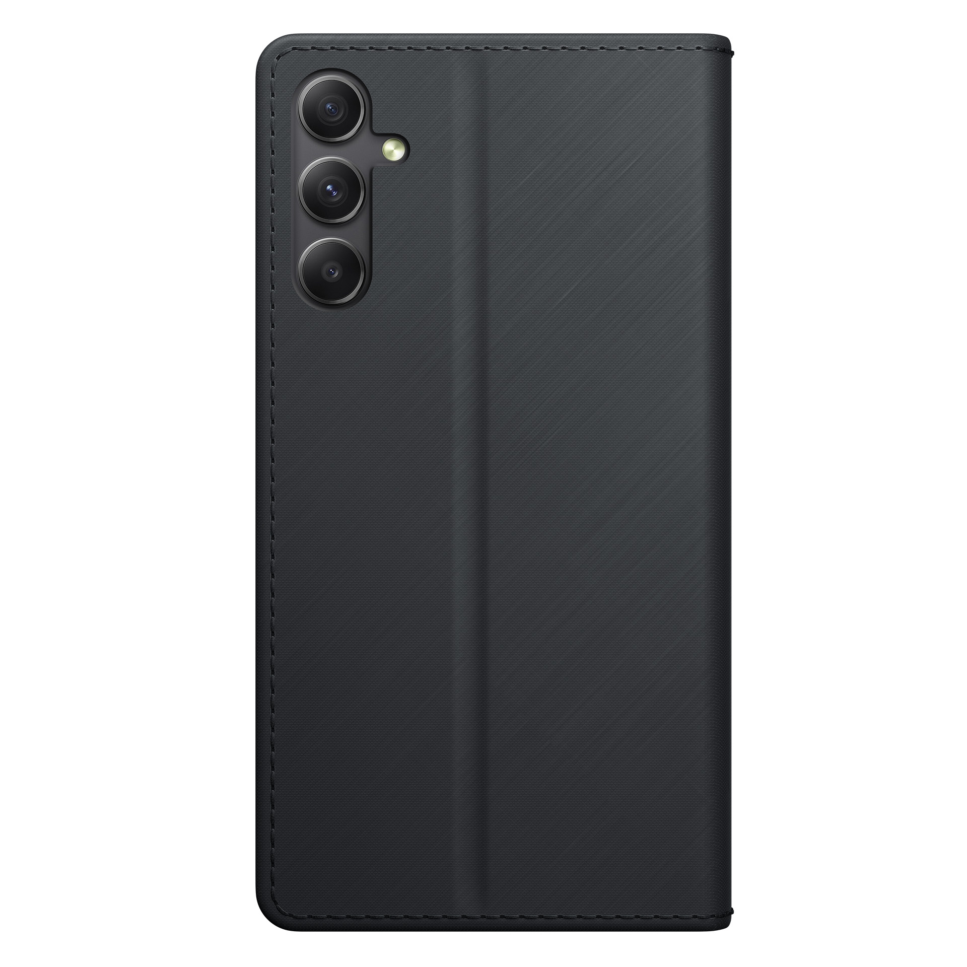 Czarny futerał na telefon jest zamknięty, widoczny jest potrójny obiektyw. Tło jest białe.