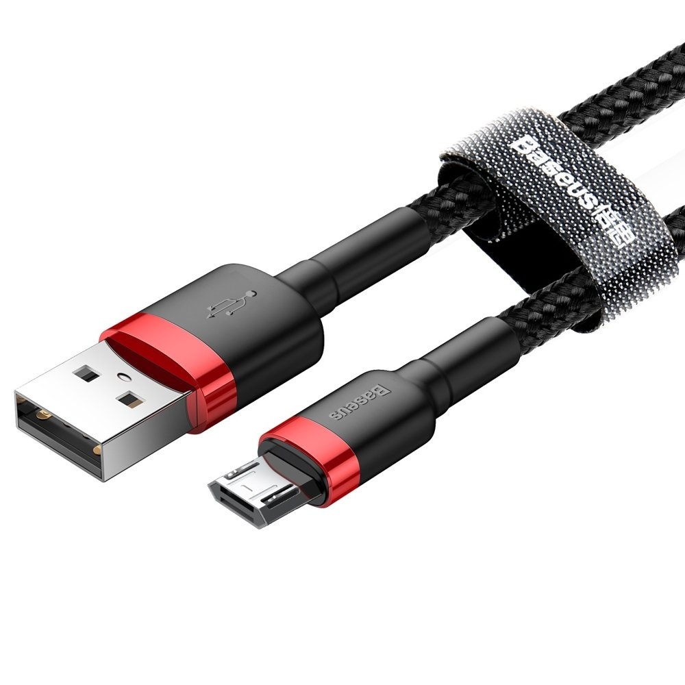Czarny kabel USB z czerwonymi akcentami. Posiada złącze USB-A i micro-USB.