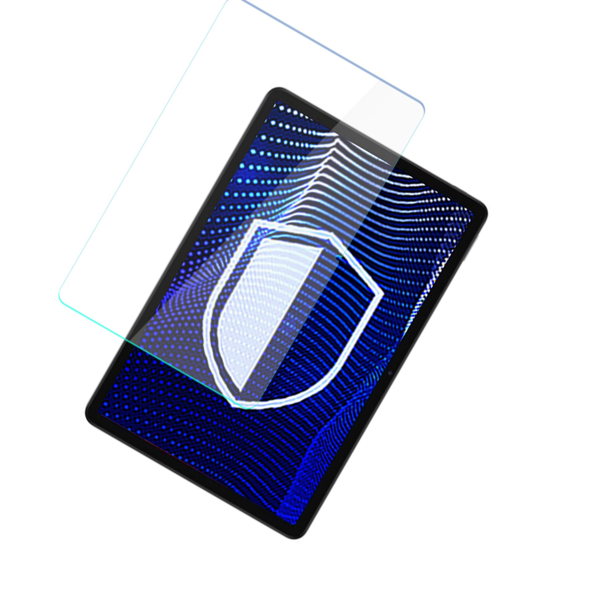 Tablet con protezione schermo, inclinato. Il tablet mostra un'icona a scudo. Sfondo bianco.