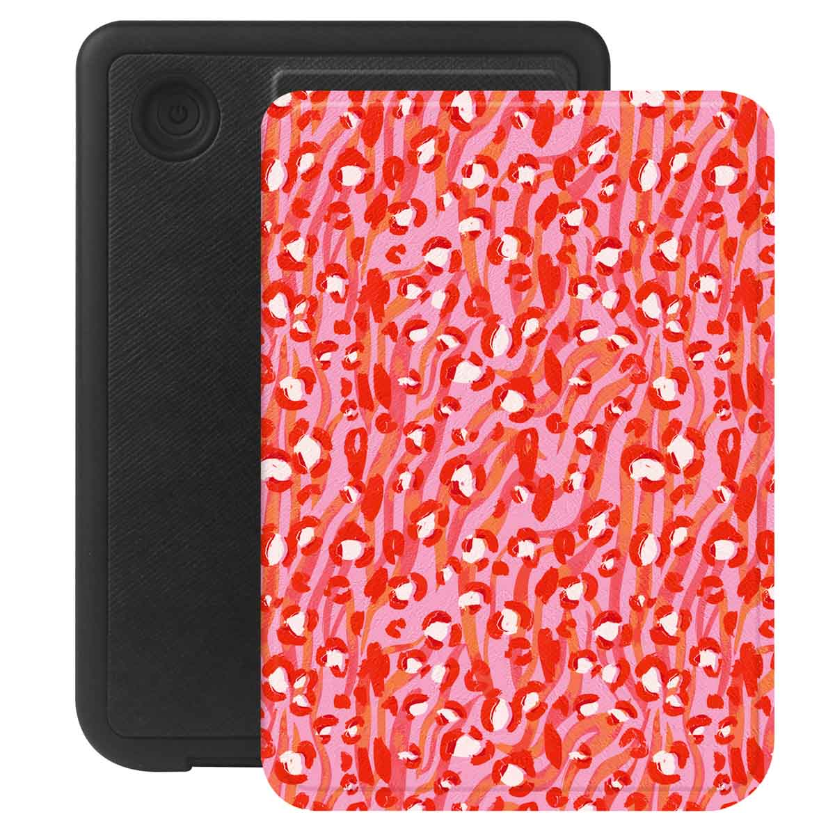 Tablet con custodia rosa con stampa leopardata rossa e una custodia nera. Entrambi su sfondo bianco.