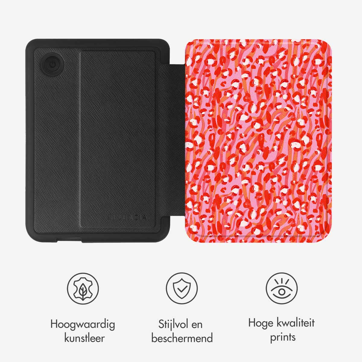 Tablet con custodia rosa con stampa leopardata rossa. Vengono mostrate tre icone e testo.