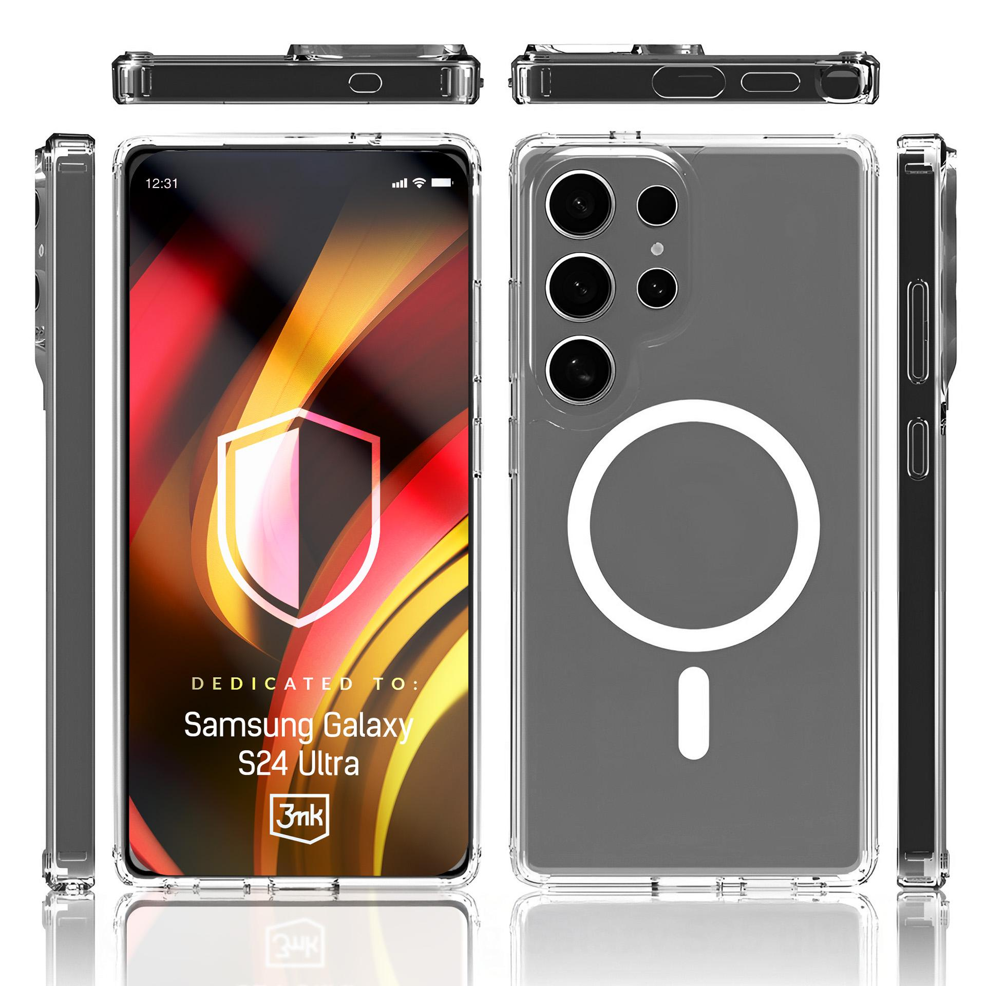 Telefon w przezroczystym etui, z ekranem telefonu. Dedykowane dla Samsung Galaxy S24 Ultra.