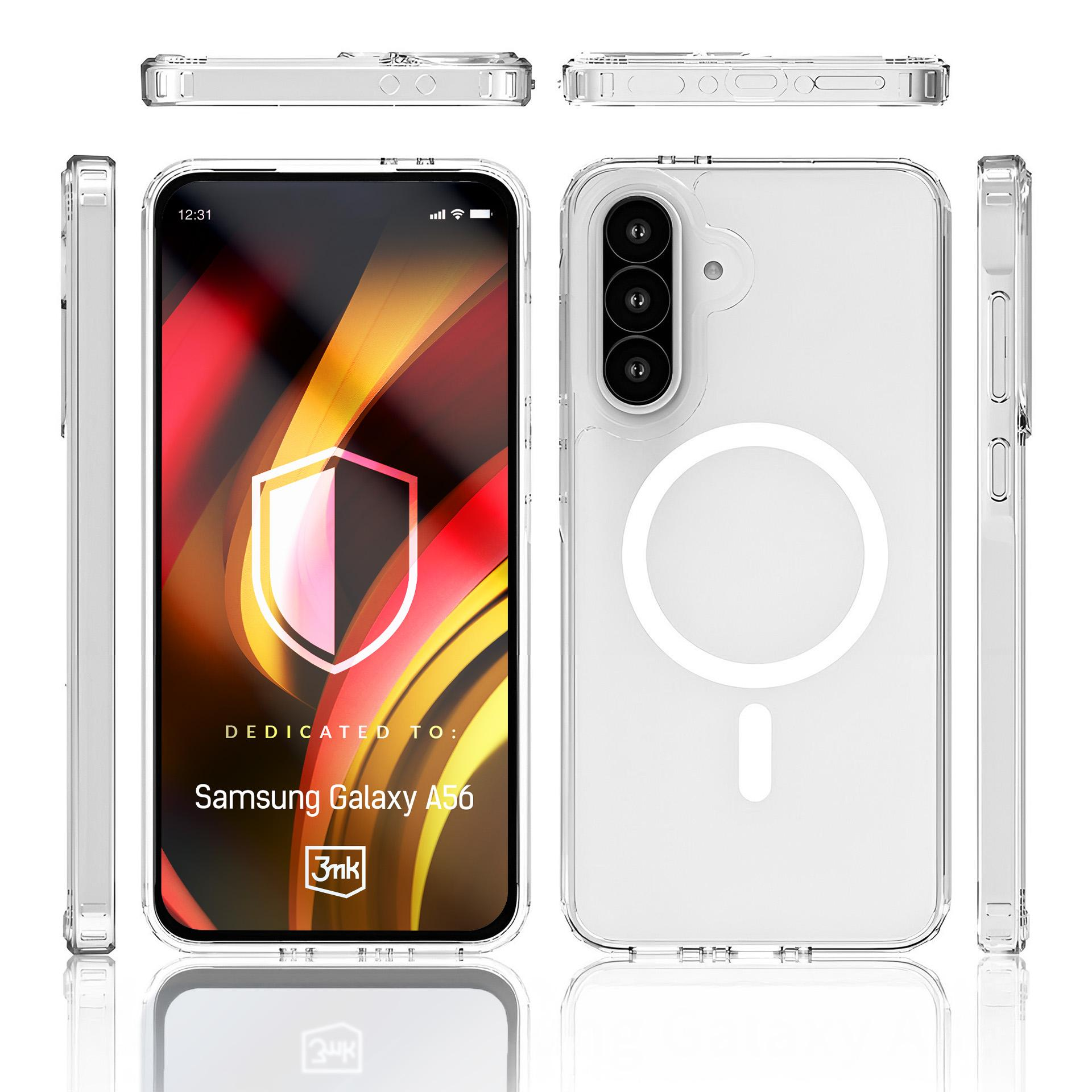 Telefon z przezroczystym etui. Telefon dedykowany dla Samsung Galaxy A56. Pokazano kilka ujęć telefonu i etui.