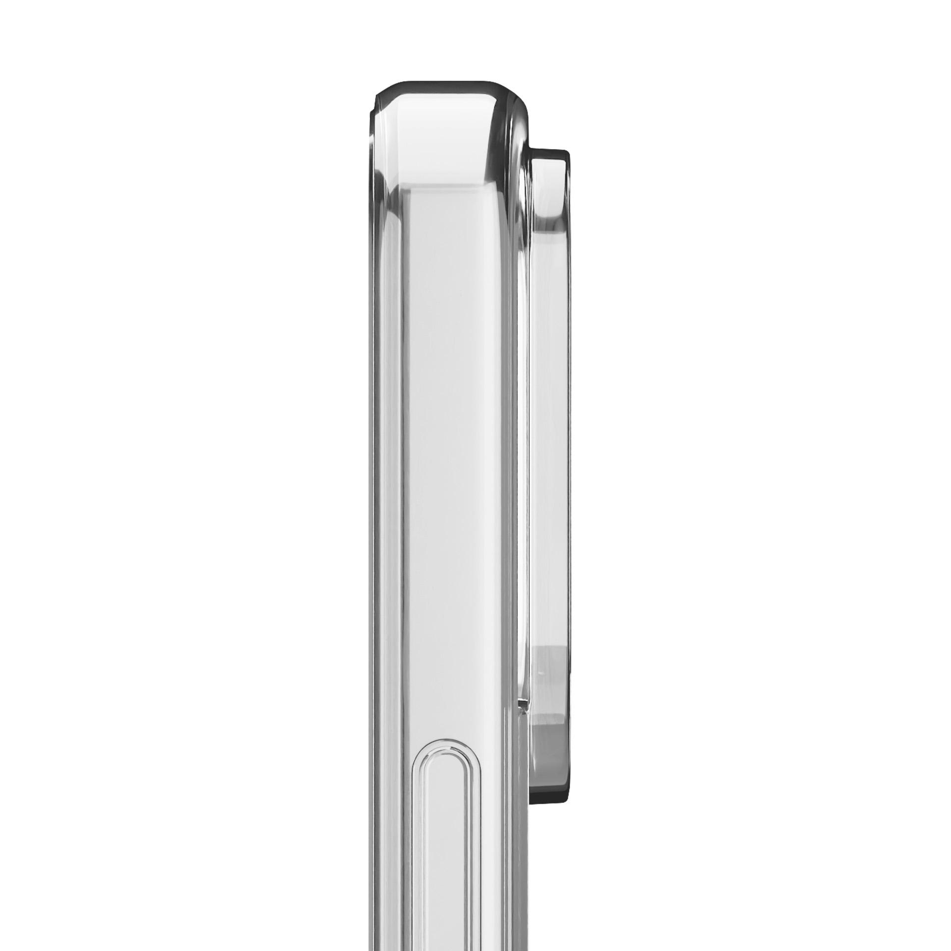 Zbliżenie krawędzi telefonu i etui. Etui jest przezroczyste.