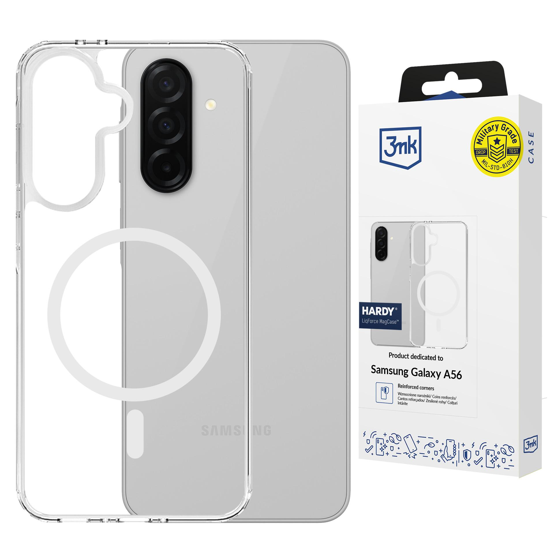 Telefon z przezroczystym etui i pudełkiem. Etui dedykowane dla Samsung Galaxy A56. Etui klasy wojskowej.