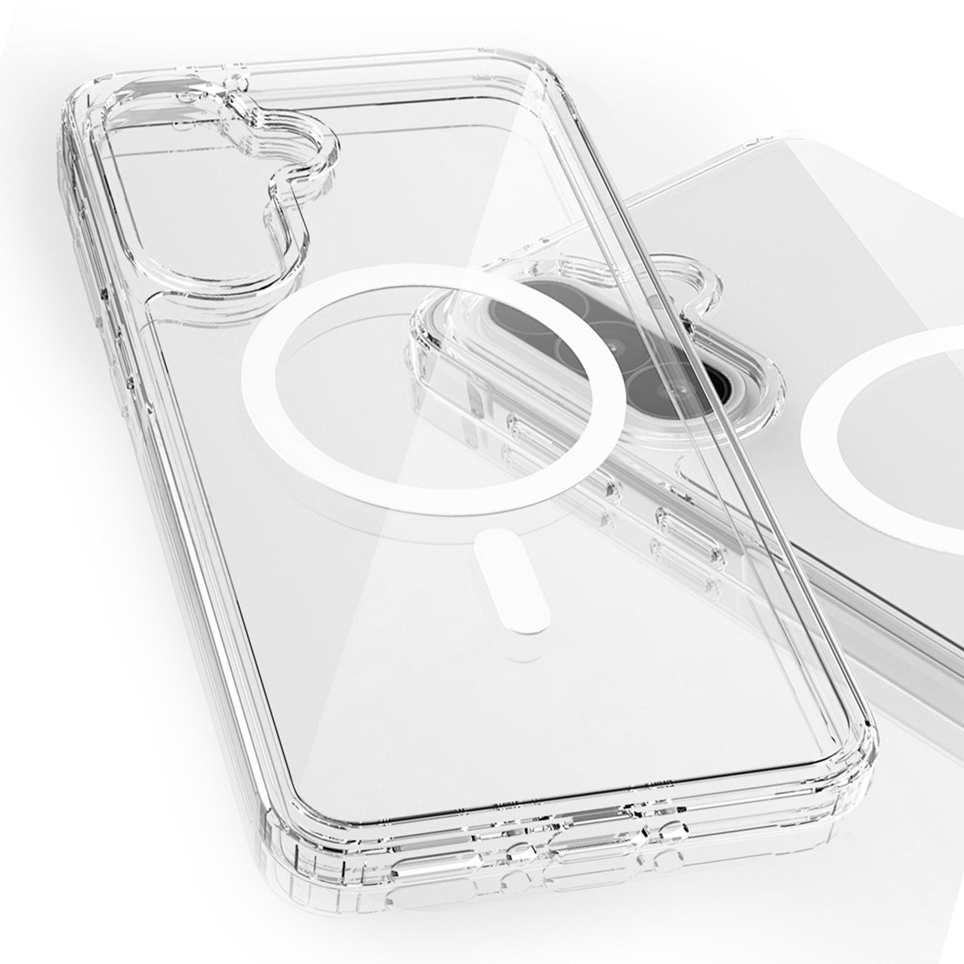 Zbliżenie etui na telefon z przezroczystym tyłem. Etui ma aparat i okrągły magnes. Białe tło.