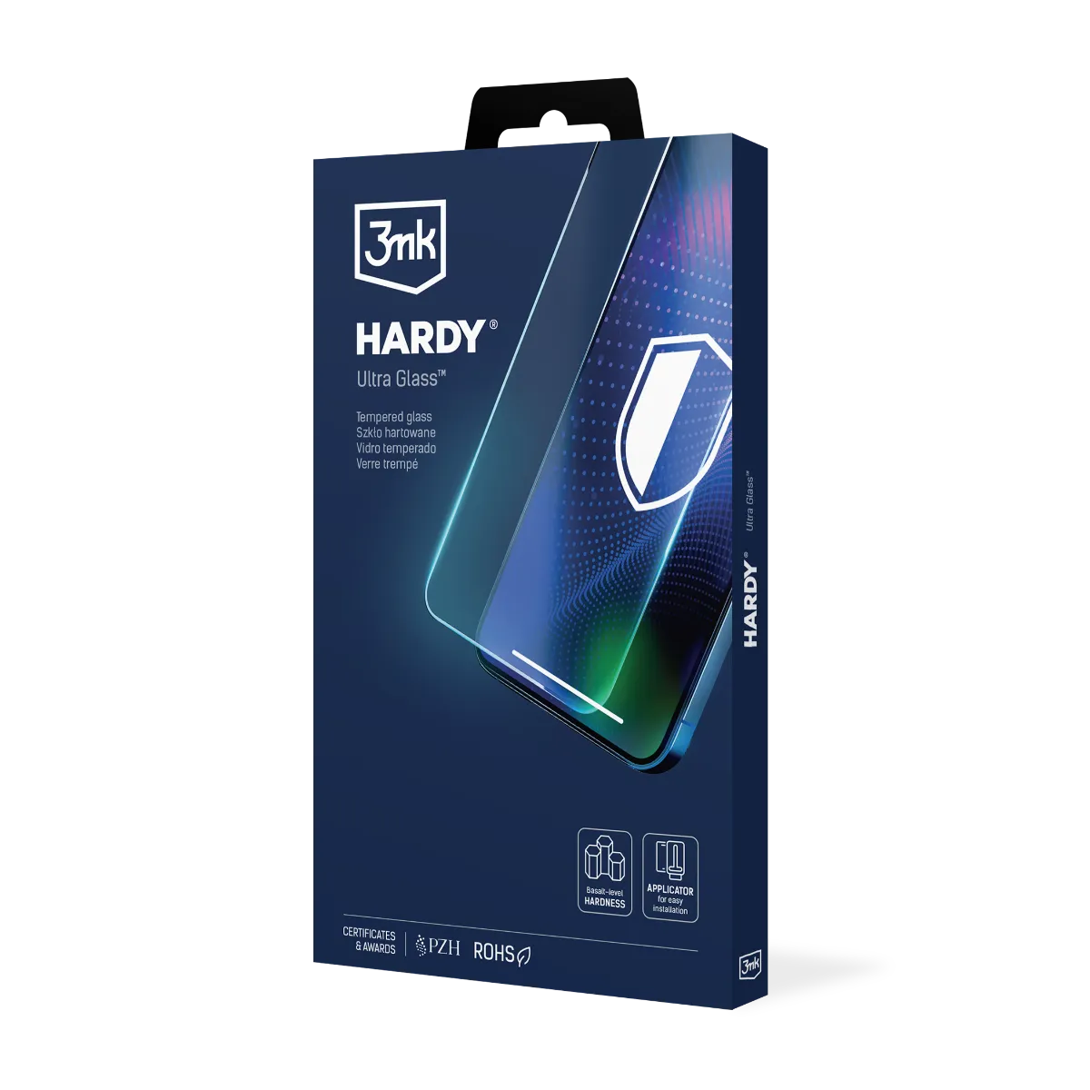 Pudełko z ochraniaczem ekranu. Zawiera szkło hartowane. Zawiera logo marki i ilustrację tarczy.