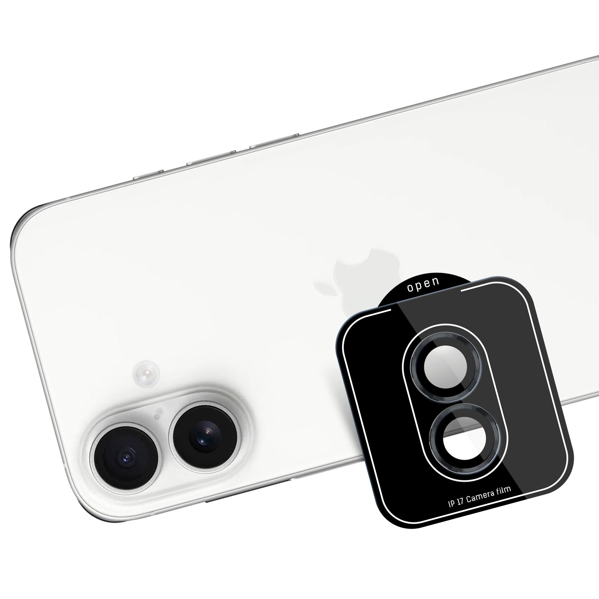 Retro del telefono con protezioni per lenti della fotocamera e una protezione nera. Il telefono è bianco, le protezioni sono nere.