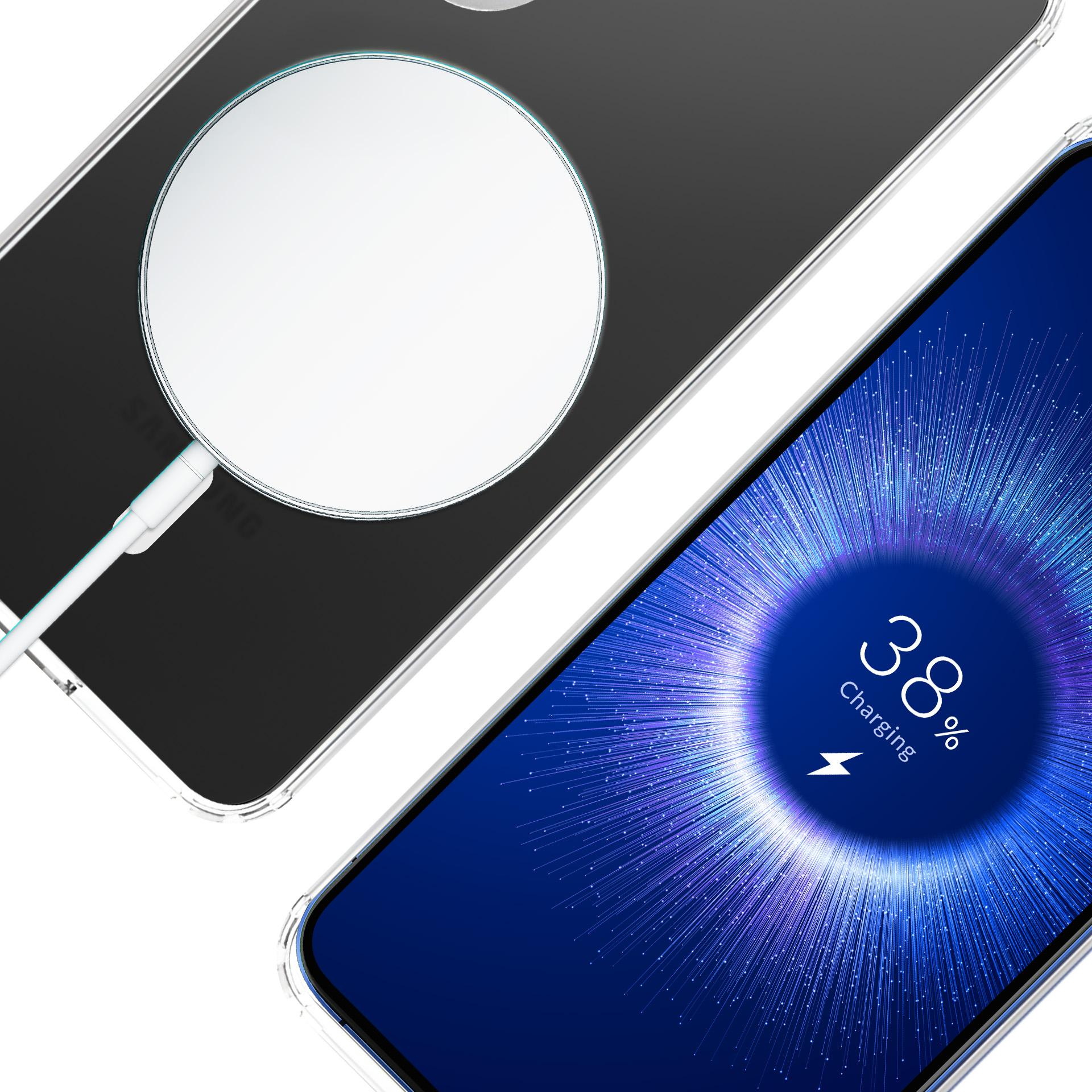 Telefon ładujący się na bezprzewodowej podkładce ładującej. Ekran telefonu pokazuje postęp ładowania. Podkładka ma białe koło.