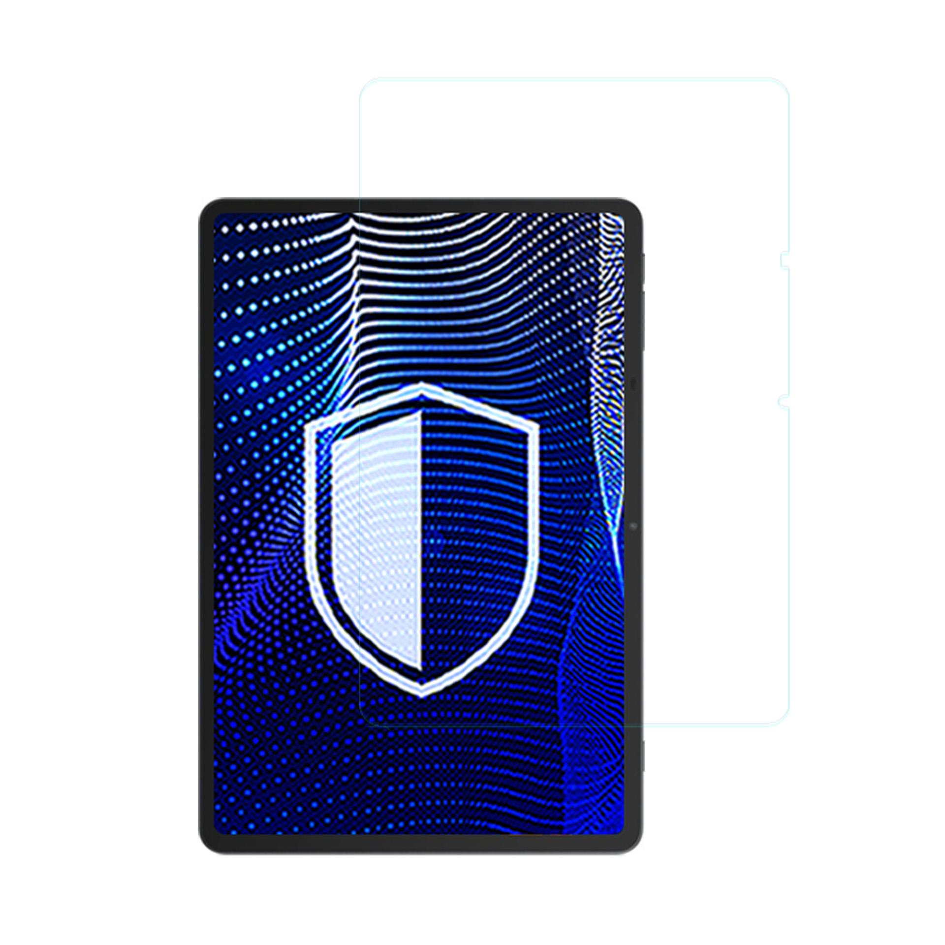 Tablet con grafica a scudo sullo schermo, protezione schermo a destra e motivo a pois blu.