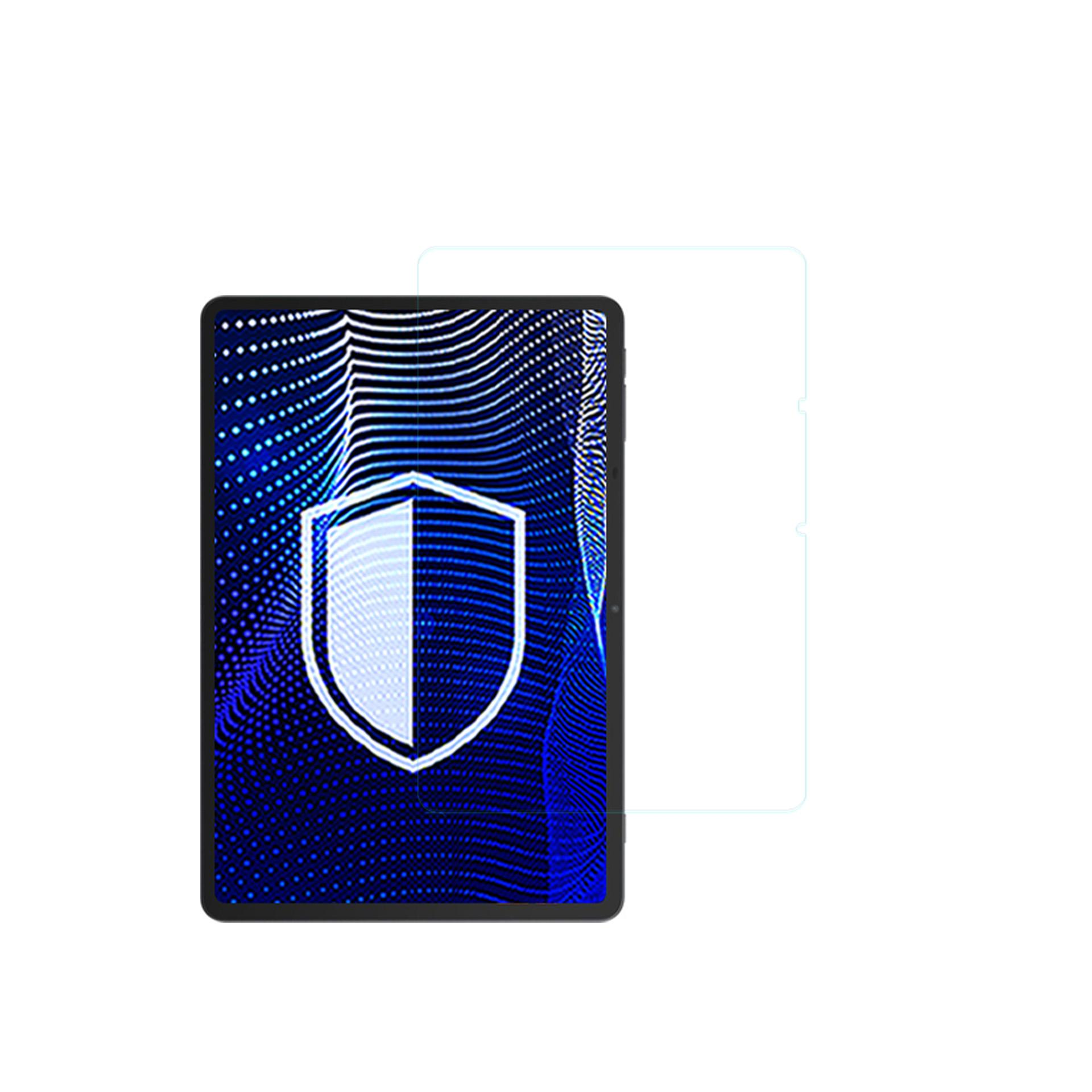 Tablet con grafica a scudo, protezione schermo e motivo a pois blu sullo schermo.