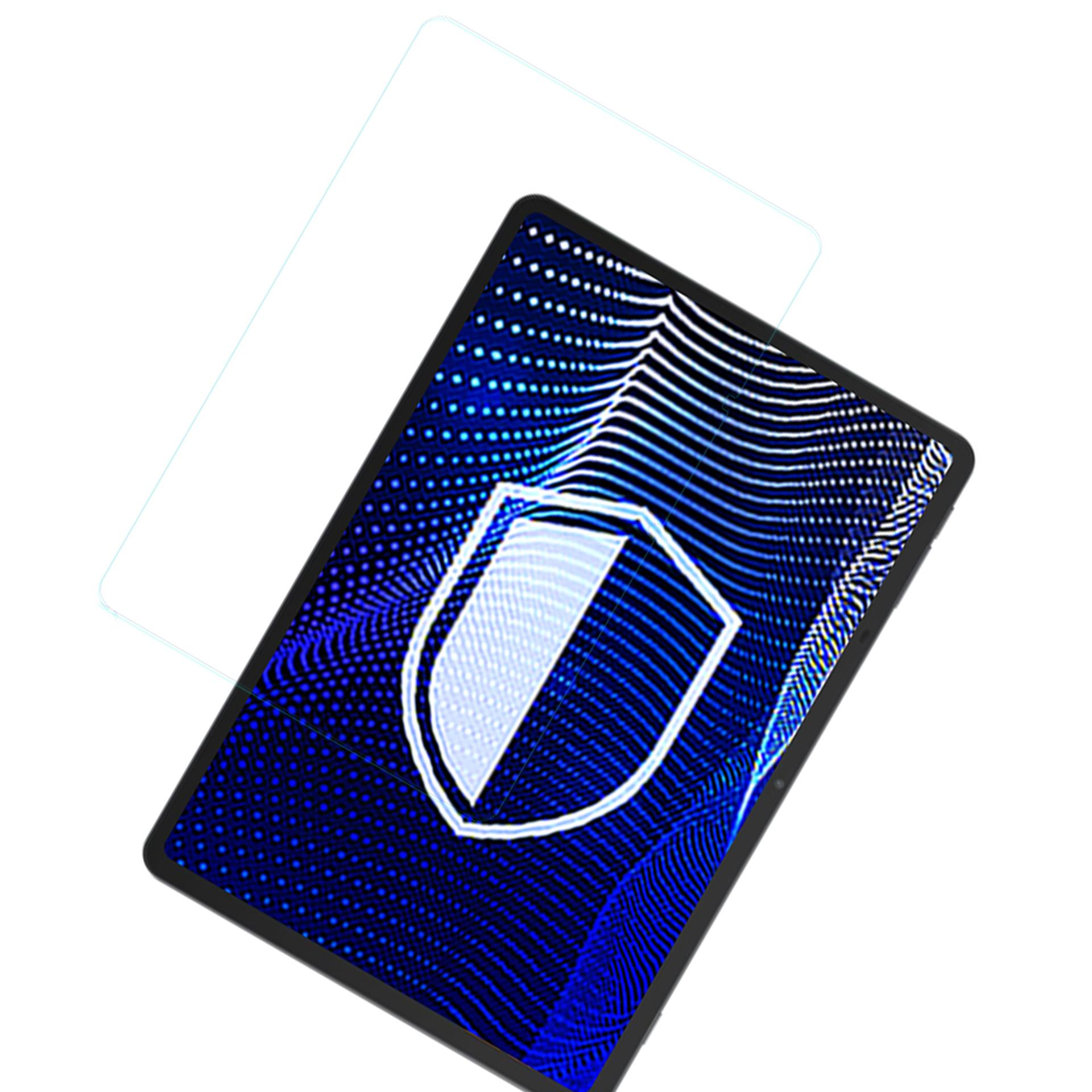 Vista angolata di un tablet con design a scudo, protezione schermo e sfondo blu a motivi.