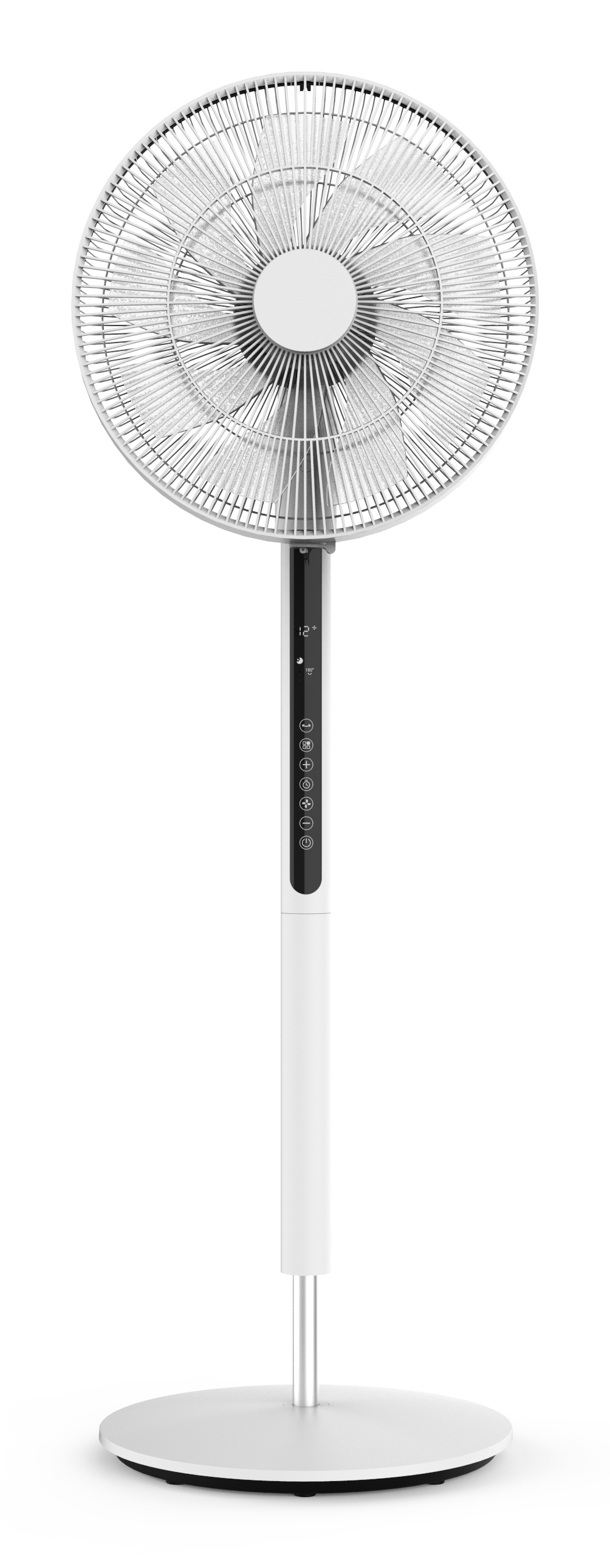 Un ventilatore a colonna bianco. Ha una base circolare, un palo bianco e una testa del ventilatore.